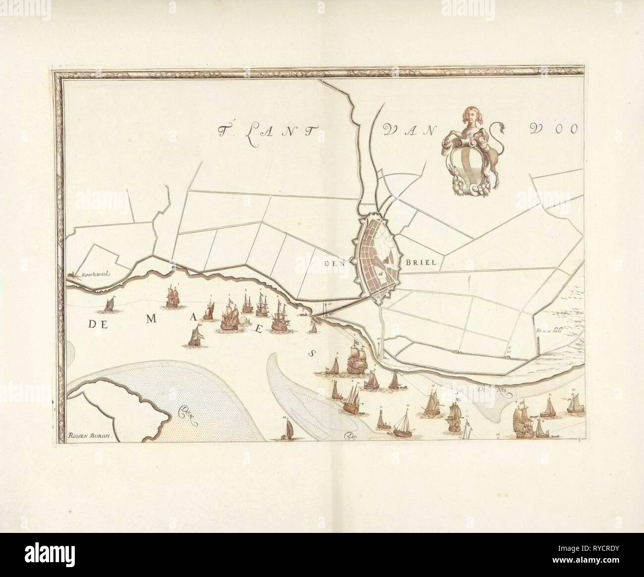 Mappa di Brielle e le Rive della Mosa, Paesi Bassi, Jacob Quack, 1665 Foto Stock