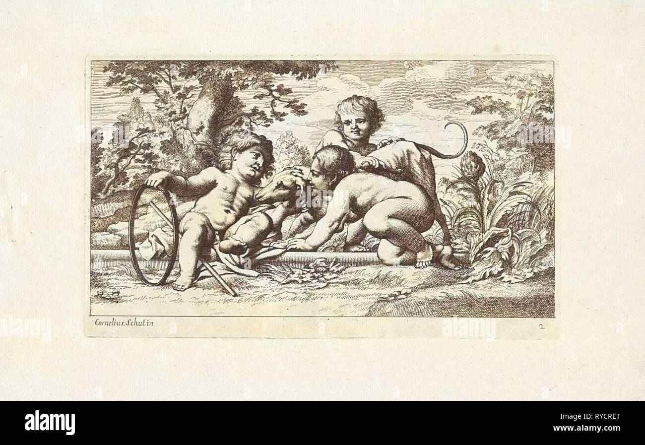 Tre putti giocando con un cane, anonimo, 1618 - 1705 Foto Stock