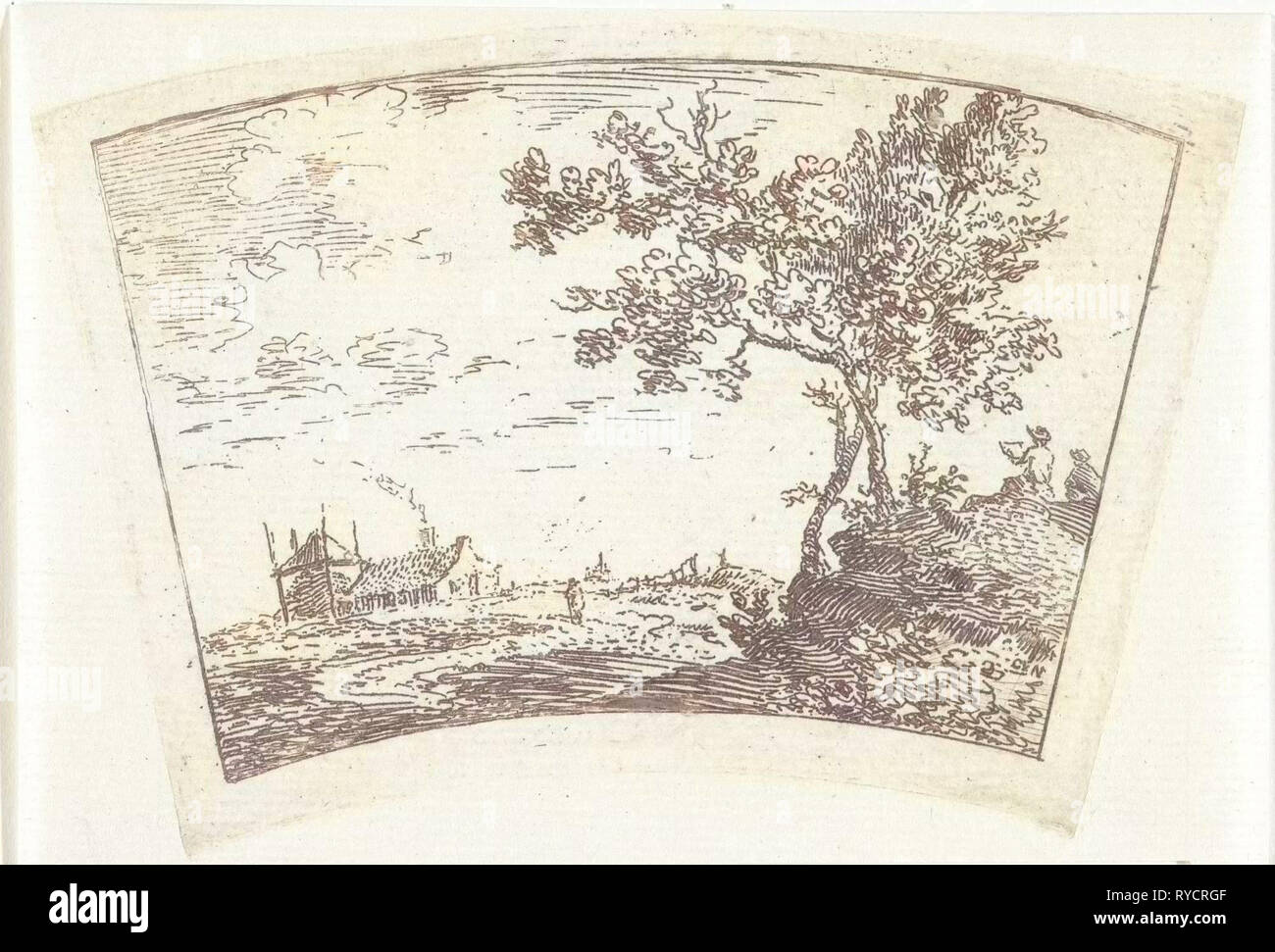 Paesaggio con una fattoria e un pagliaio a sinistra e a destra di due figure su una collina, stampa maker: Cornelis van Noorde (menzionato in oggetto), risalente 1741 - 1795 Foto Stock