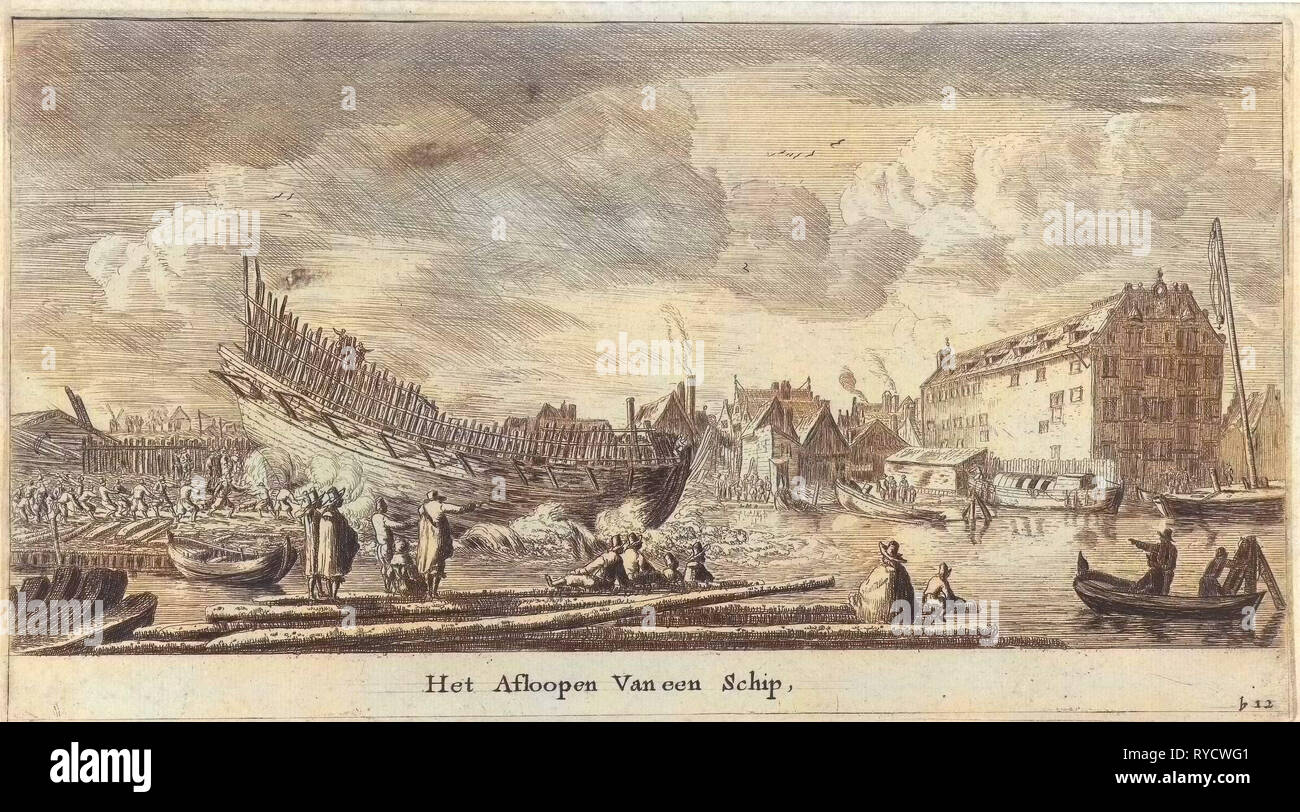 Il lancio di una nave, Reinier Nooms, 1652 - 1654 Foto Stock