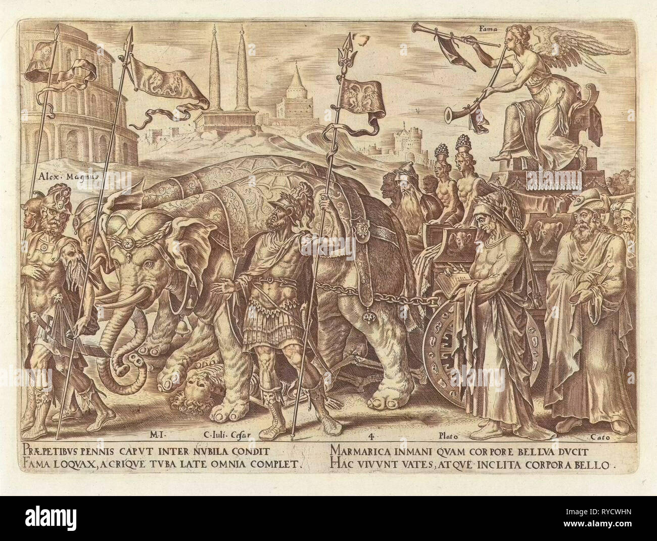 Trionfo della Fama, Philips Galle, Hadrianus Junius, c. 1565 Foto Stock