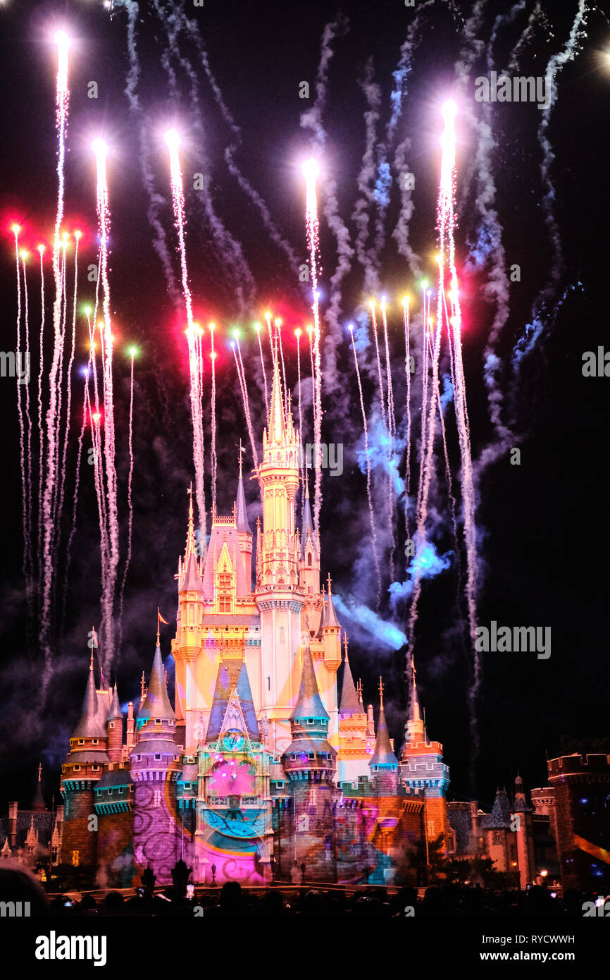 Tokyo Disneyland spettacolo di fuochi d'artificio. Foto Stock