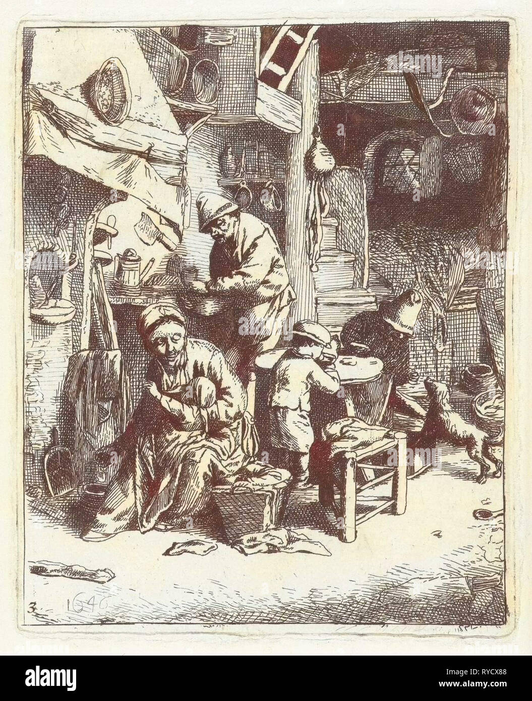 Famiglia contadina in interni, stampare maker: Abramo Bloteling eventualmente Adriaen van Ostade, 1655 - 1690 Foto Stock