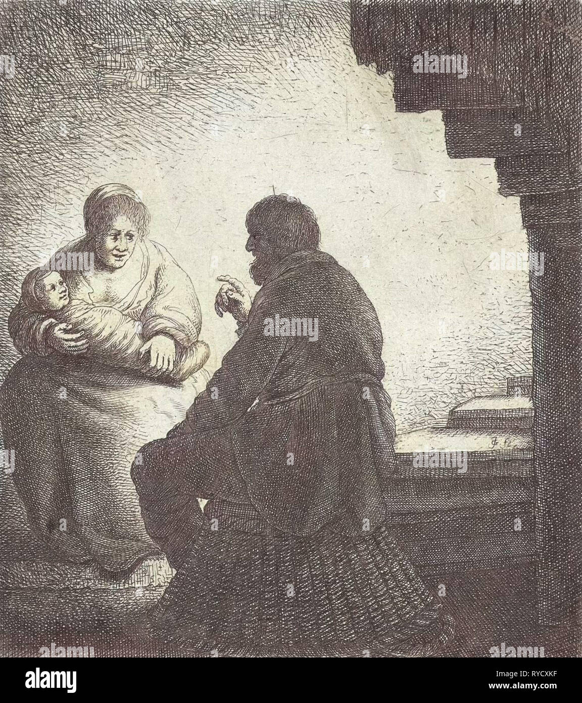 Famiglia seduta a una scala a chiocciola, Jan Gillisz. van Vliet, 1634 - 1635 Foto Stock