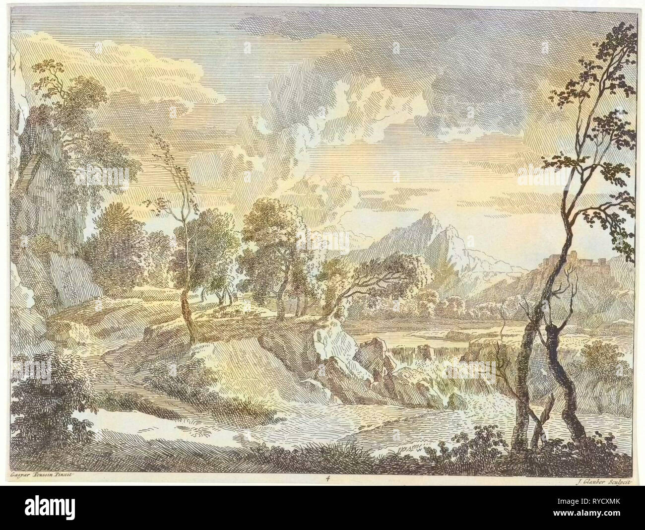 Un paesaggio collinare con una cascata, Johannes Glauber, 1656 - 1726 Foto Stock