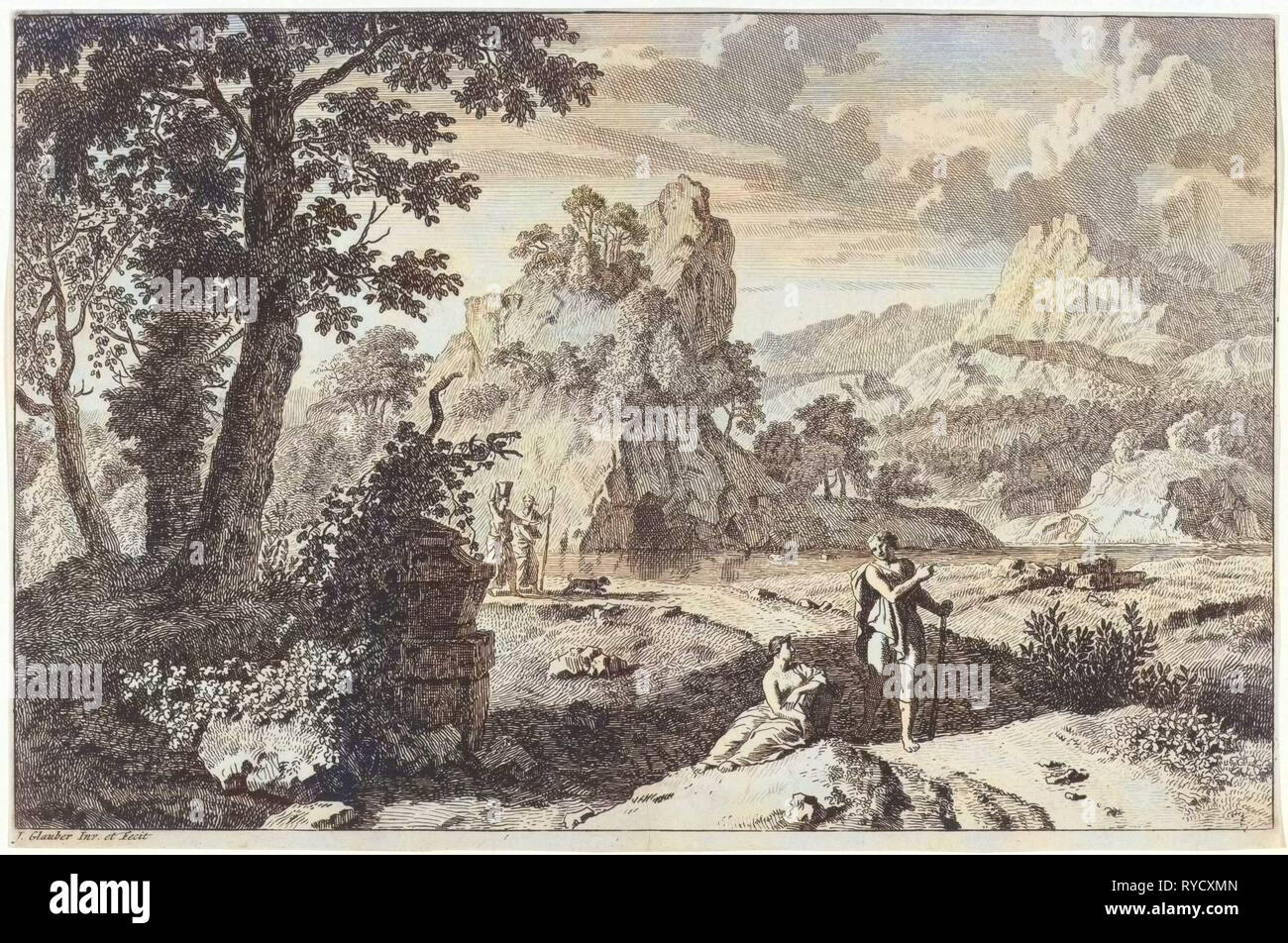 Paesaggio arcadico con rovine, stampa maker: Johannes Glauber, Johannes Glauber, 1656 - 1726 Foto Stock
