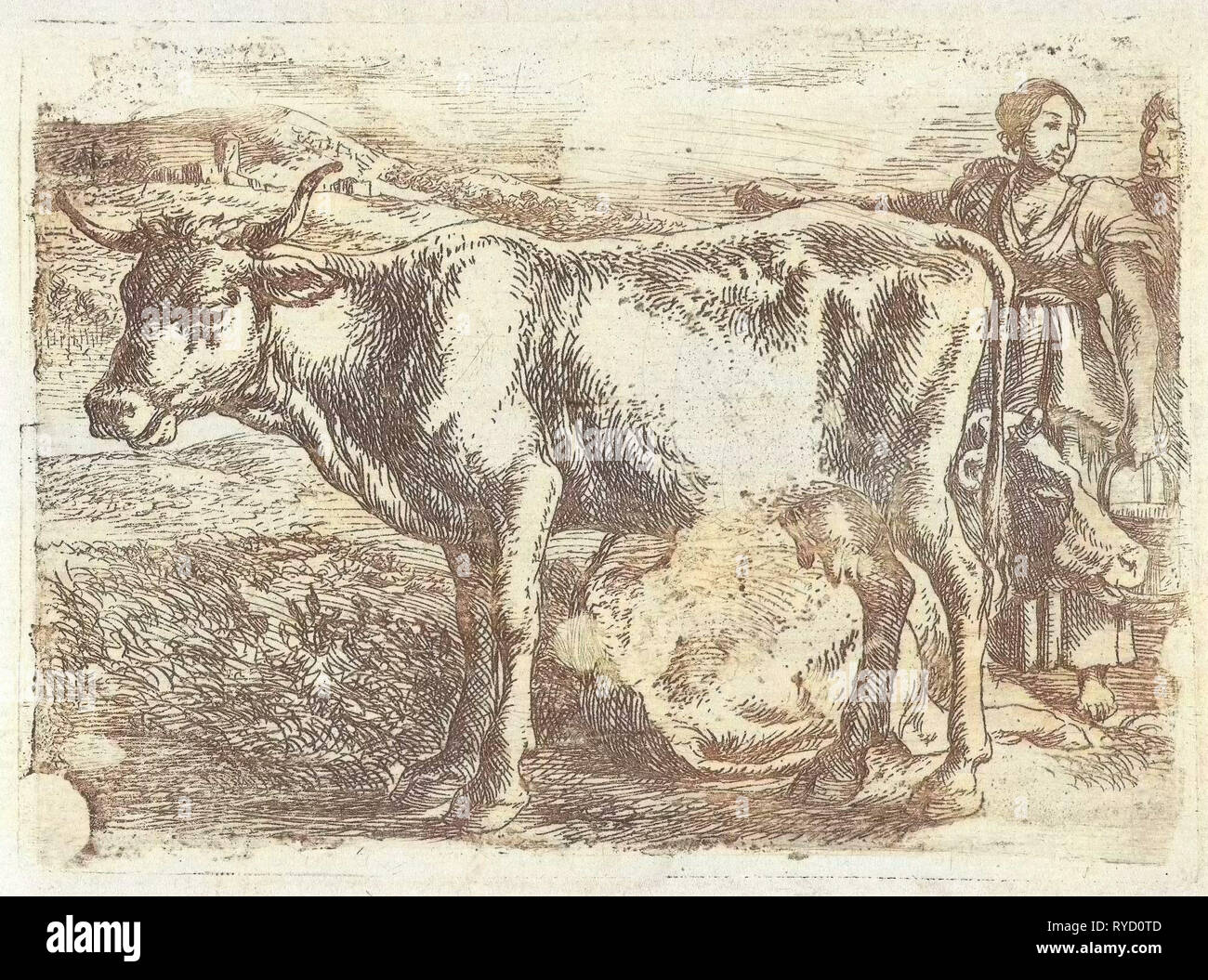 Milkmaid con cow, Jan van Ossenbeeck, 1647 - 1674 Foto Stock