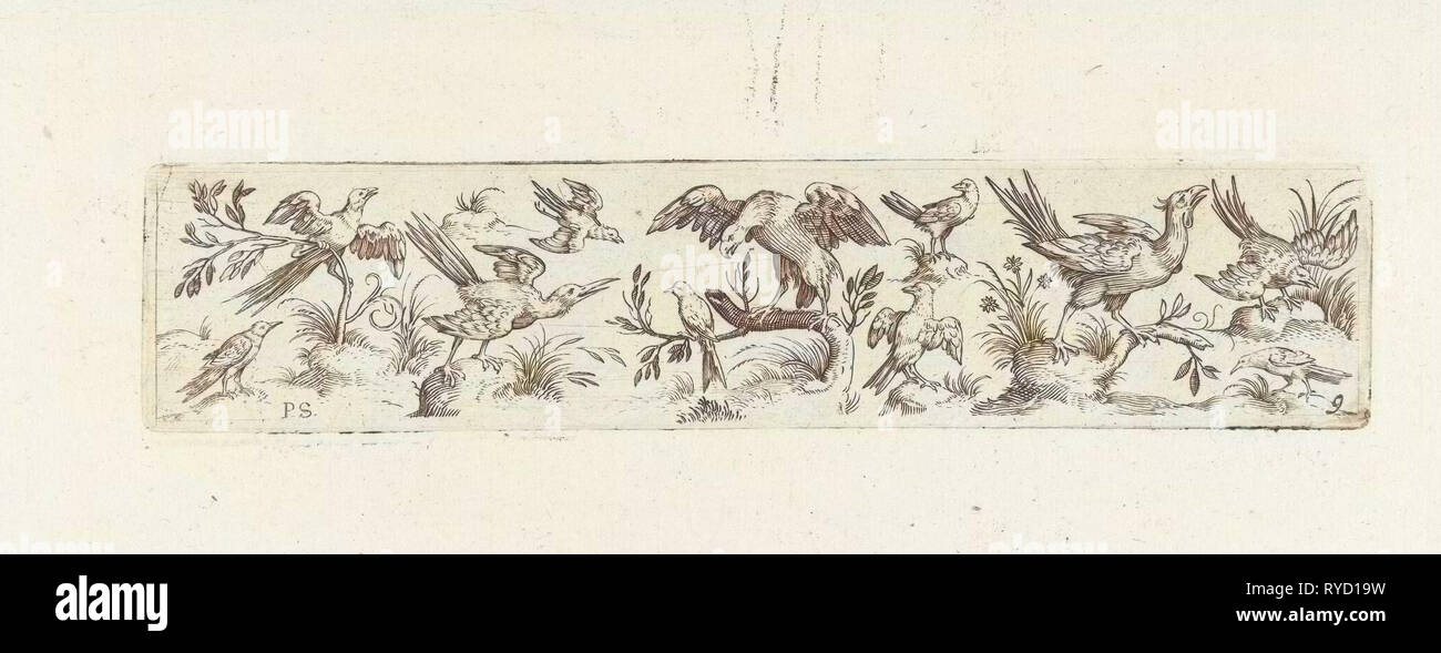 Fregio con undici uccelli, nel mezzo è un uccello di grandi dimensioni su un ramo, stampa maker: Pieter Serwouters, Hans Collaert I, Marcus Geeraerts, c. 1607 Foto Stock
