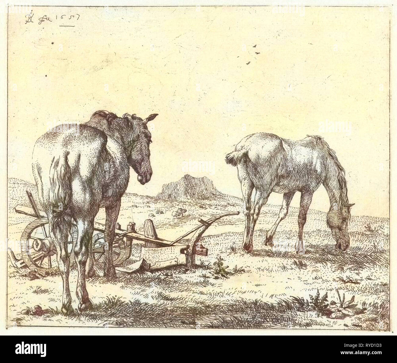 Due cavalli e un aratro, Karel Dujardin, 1657 Foto Stock