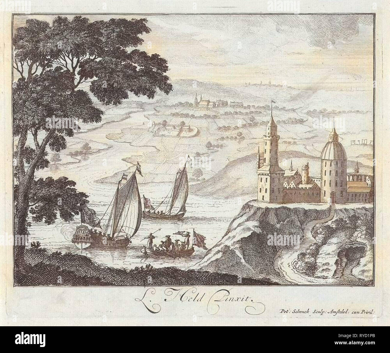 Paesaggio con fiume e castello sulla collina, Pieter Schenk (MI), sconosciuto, 1670 - 1711 Foto Stock