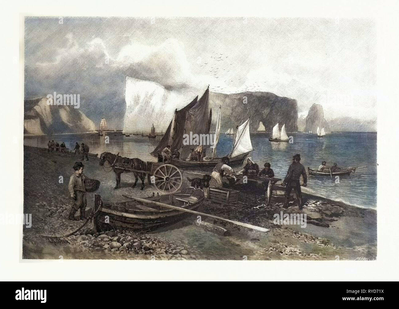 Sulla spiaggia di Perce, Canada, diciannovesimo secolo incisione Foto Stock