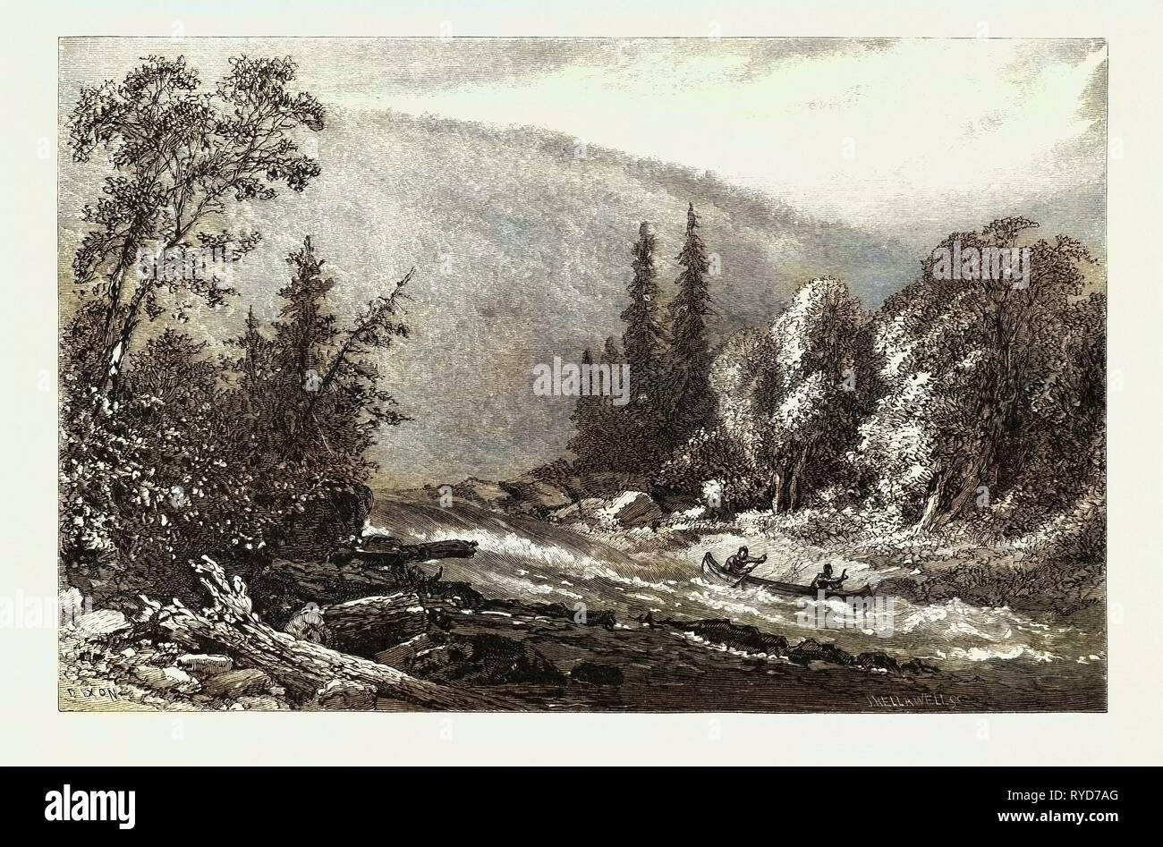 Esecuzione di the Rapids, Canada, diciannovesimo secolo incisione Foto Stock