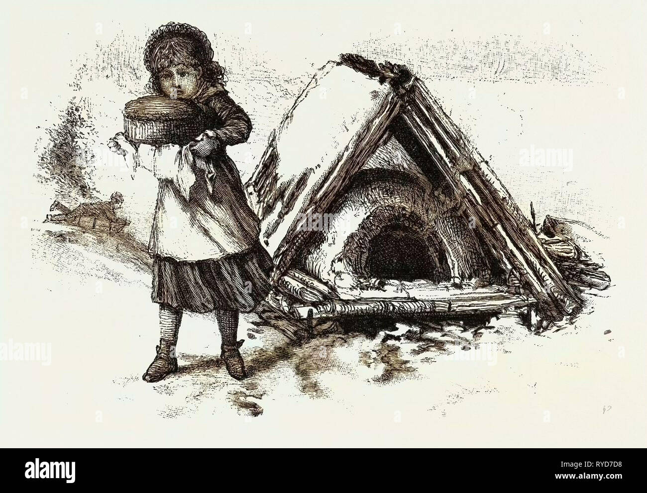 La cottura all'aperto, Canada, diciannovesimo secolo incisione Foto Stock