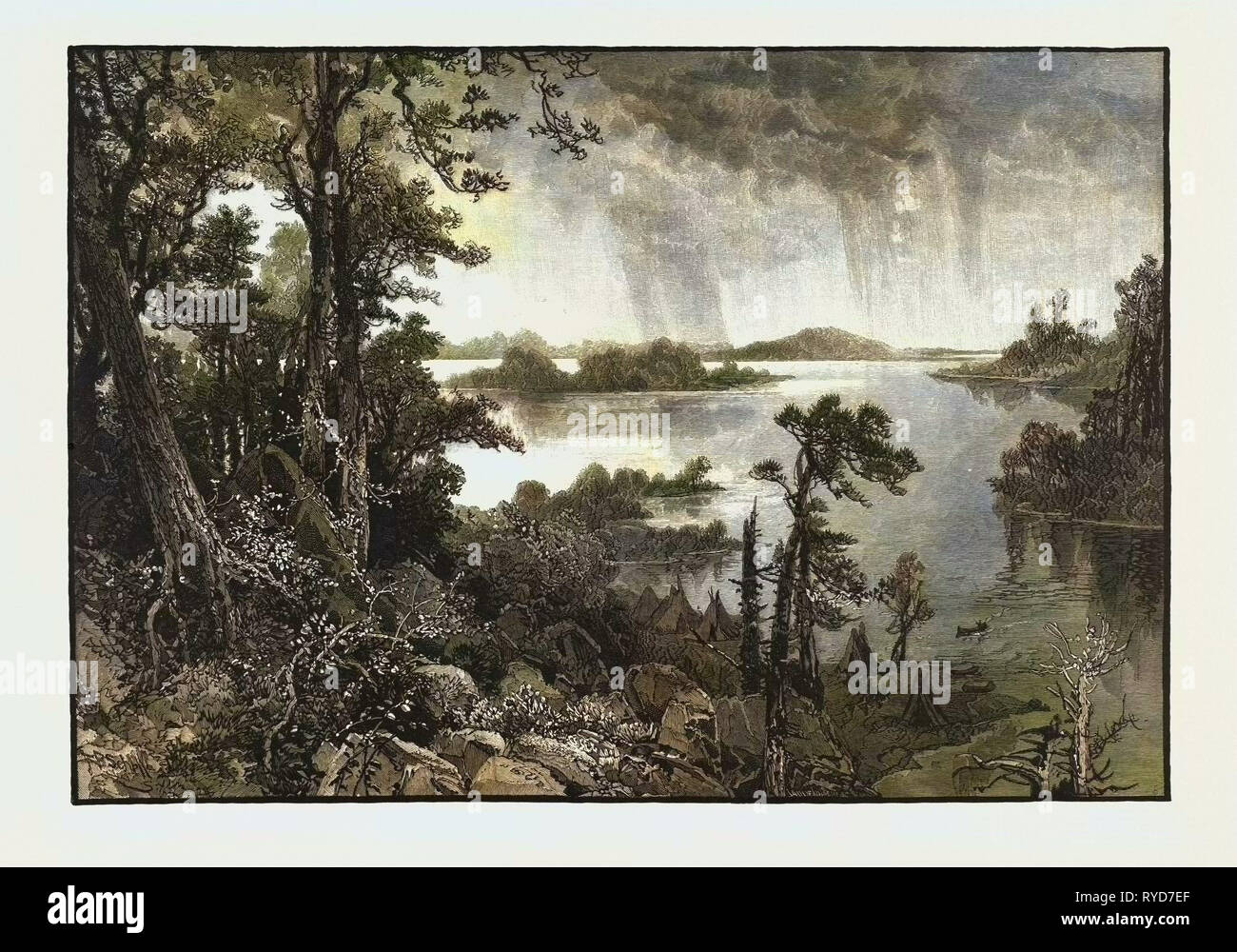 Il lago dei boschi, Canada, diciannovesimo secolo incisione Foto Stock