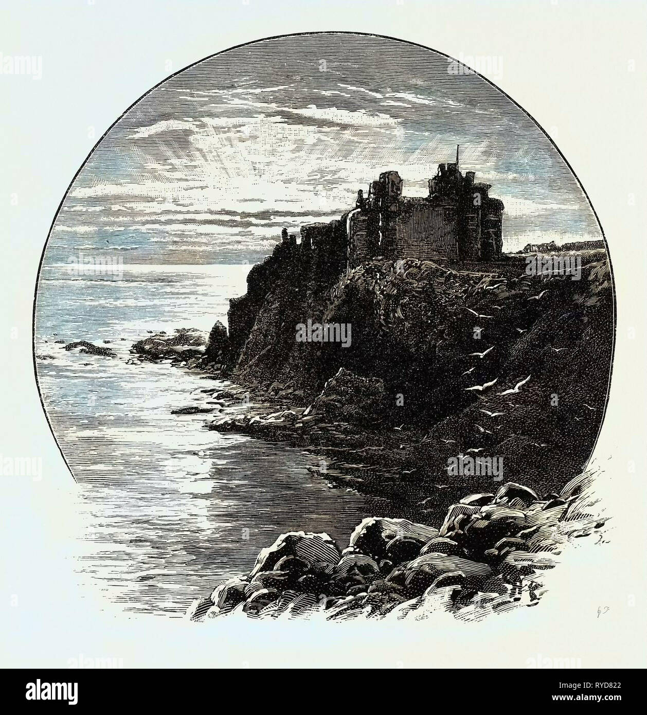 Il castello di Tantallon, guardando verso est. Il castello di Tantallon è un Semi-Ruined metà del XIV secolo di Fortezza, situato a 5 Km a est di North Berwick, in East Lothian, Scozia. Si trova sulla cima di un promontorio di fronte al Bass Rock, affacciato sul Firth of Forth. Regno Unito Foto Stock