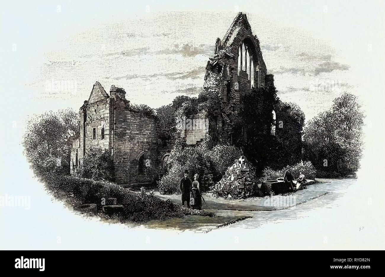 Abbazia di Dryburgh, da Est, UK. Abbazia di Dryburgh, vicino a Dryburgh sulle rive del fiume Tweed in confini Scozzesi, è stata nominalmente fondata su 10 Novembre (Martinmas) 1150 in un accordo tra Hugh de Morville, signore di Lauderdale e Constable della Scozia e il i canonici Premostratensi regolari da Alnwick Abbazia nel Northumberland Foto Stock