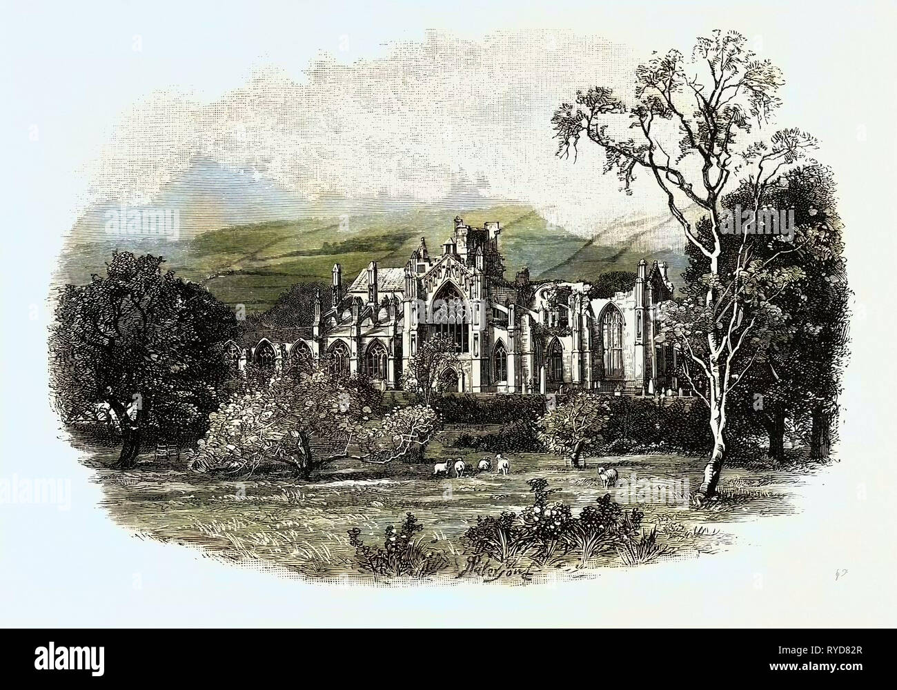 Melrose Abbey, dal sud-est. Melrose Abbey è una abbazia Gothic-Style in Melrose, Scozia. Essa è stata fondata nel 1136 da monaci cistercensi, su richiesta del re Davide I di Scozia. Essa è stata presieduta dall Abate o Commendator di Melrose. Regno Unito Foto Stock