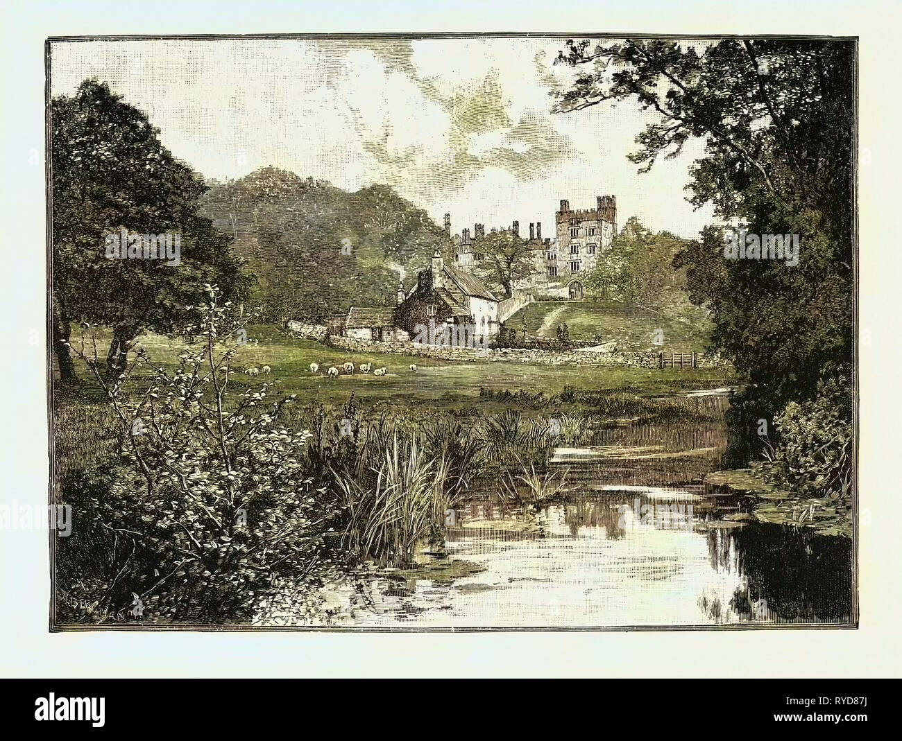 Haddon Hall, dal memorandum di Wye. Una casa di paese inglese sul fiume Wye a Bakewell, Derbyshire, una delle sedi del Duca di Rutland, occupata da Lord Edward maniere (fratello del duca di corrente) e la sua famiglia. Regno Unito Foto Stock