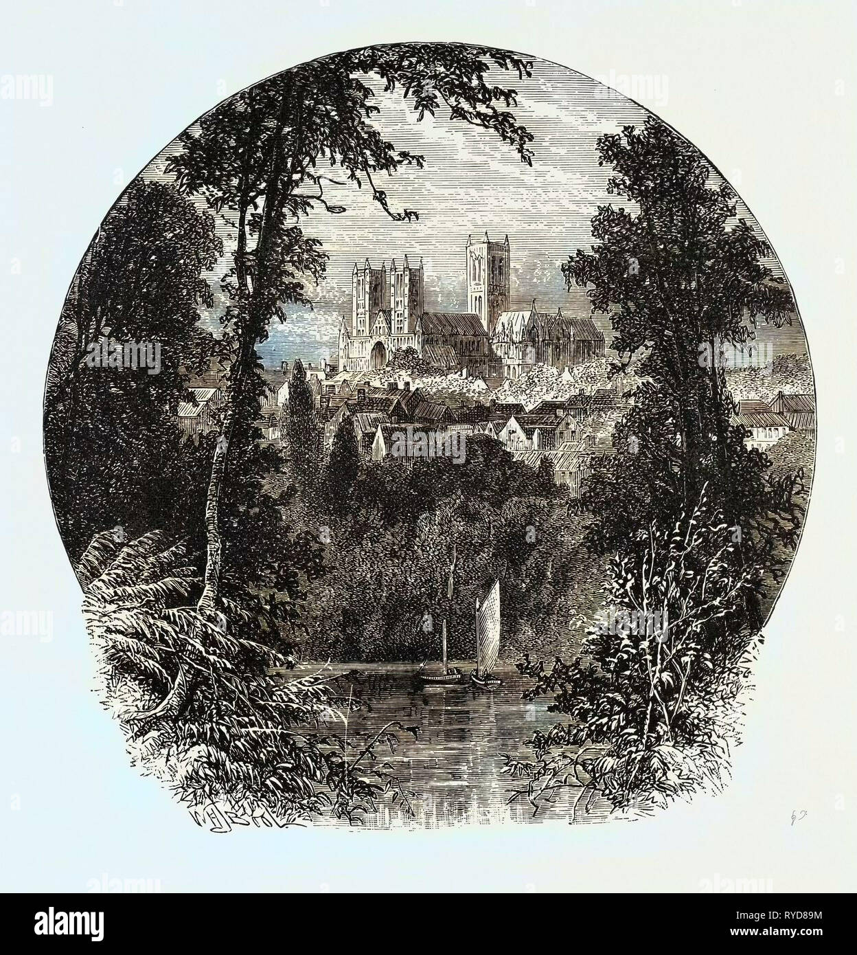 Cattedrale di Lincoln, da sud-ovest, UK. Lincoln è una cattedrale della città e capoluogo di contea di Lincolnshire, Inghilterra. Cattedrale di Lincoln (in pieno la chiesa cattedrale della Beata Vergine Maria di Lincoln, o talvolta la Cattedrale di Santa Maria è una storica Cattedrale si trova a Lincoln in Inghilterra e la sede del Vescovo di Lincoln nella chiesa di Inghilterra. Costruzione iniziata nel 1088 e proseguita in varie fasi durante tutto il periodo Medioevale Foto Stock