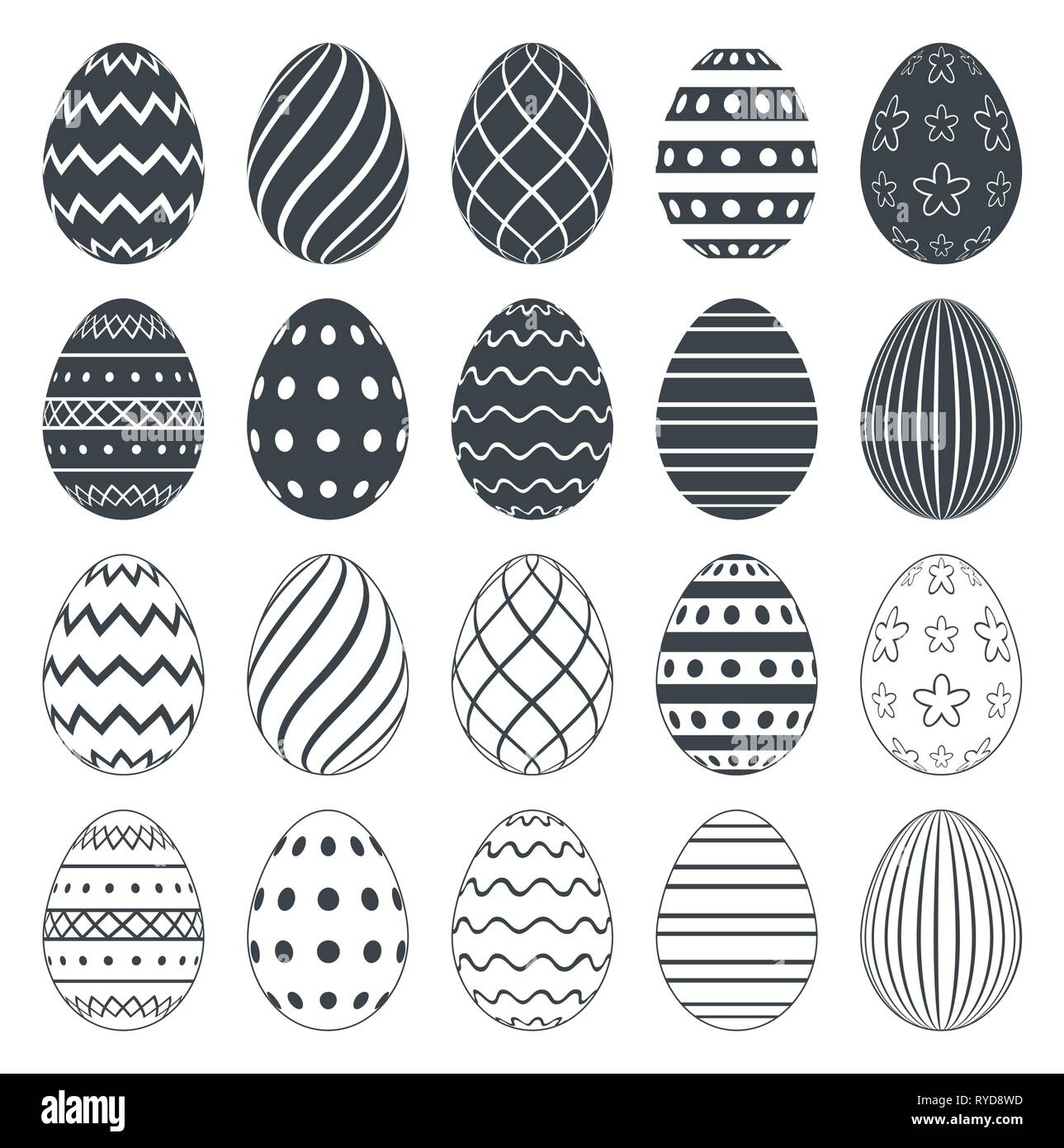 Uova di Pasqua per libro da colorare. Set di nero e di bianco uova di pasqua isolato su uno sfondo bianco. Illustrazione Vettoriale