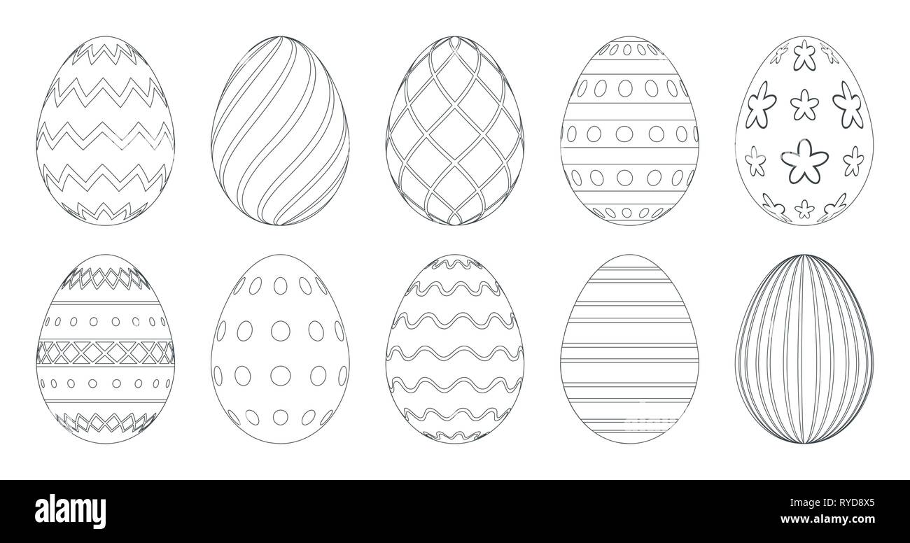 Uova di Pasqua per libro da colorare. Set di nero e di bianco uova di pasqua isolato su uno sfondo bianco. Illustrazione Vettoriale