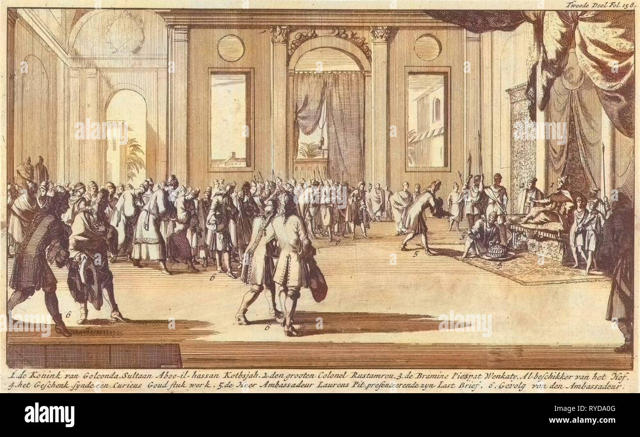 Laurens Pit visita Sultan Abul Hasan Qutb Shah di Golkonda a dargli una commissione, India, stampa maker: Jan Luyken, Jan Claesz dieci Hoorn, 1693 Foto Stock