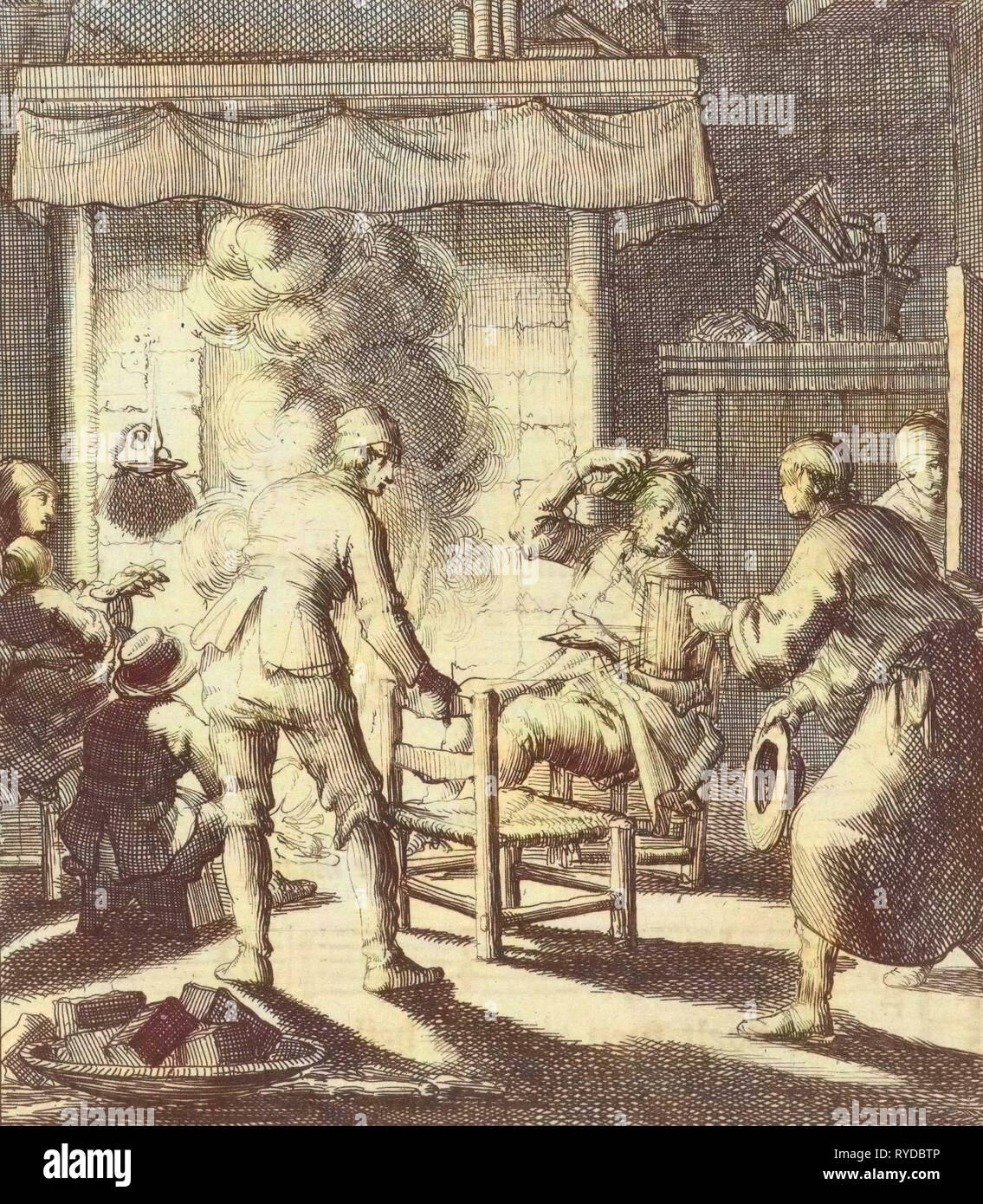 Cinque persone intorno al fuoco per accogliere lo scrittore Willem Sluiter, Jan Luyken, Gerbrandt Schagen, 1687 Foto Stock