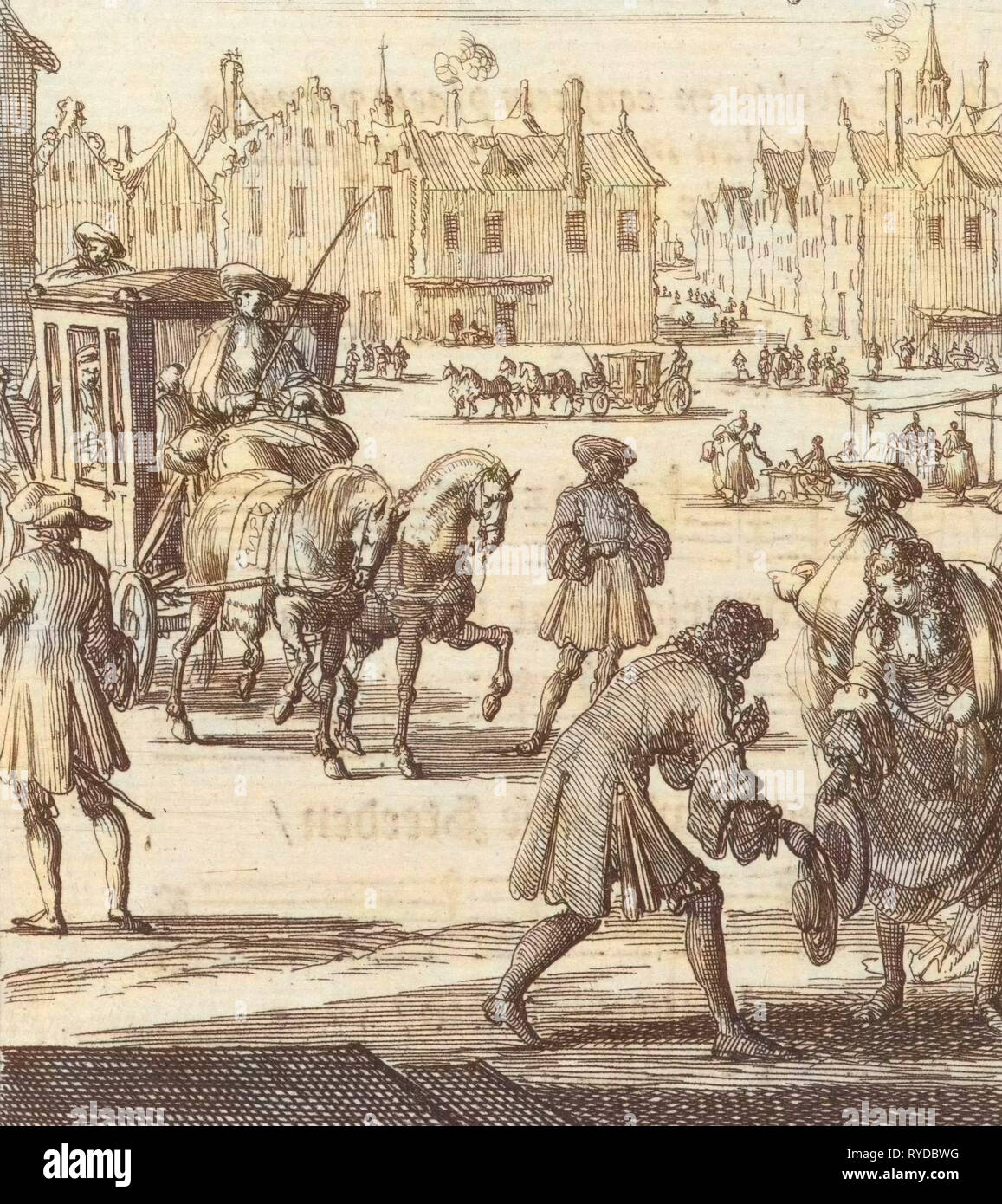 La vita di città che lo scrittore Willem Sluiter aveva lasciato: grande piazza con carrello e diverse persone, Jan Luyken, Gerbrandt Schagen, 1687 Foto Stock
