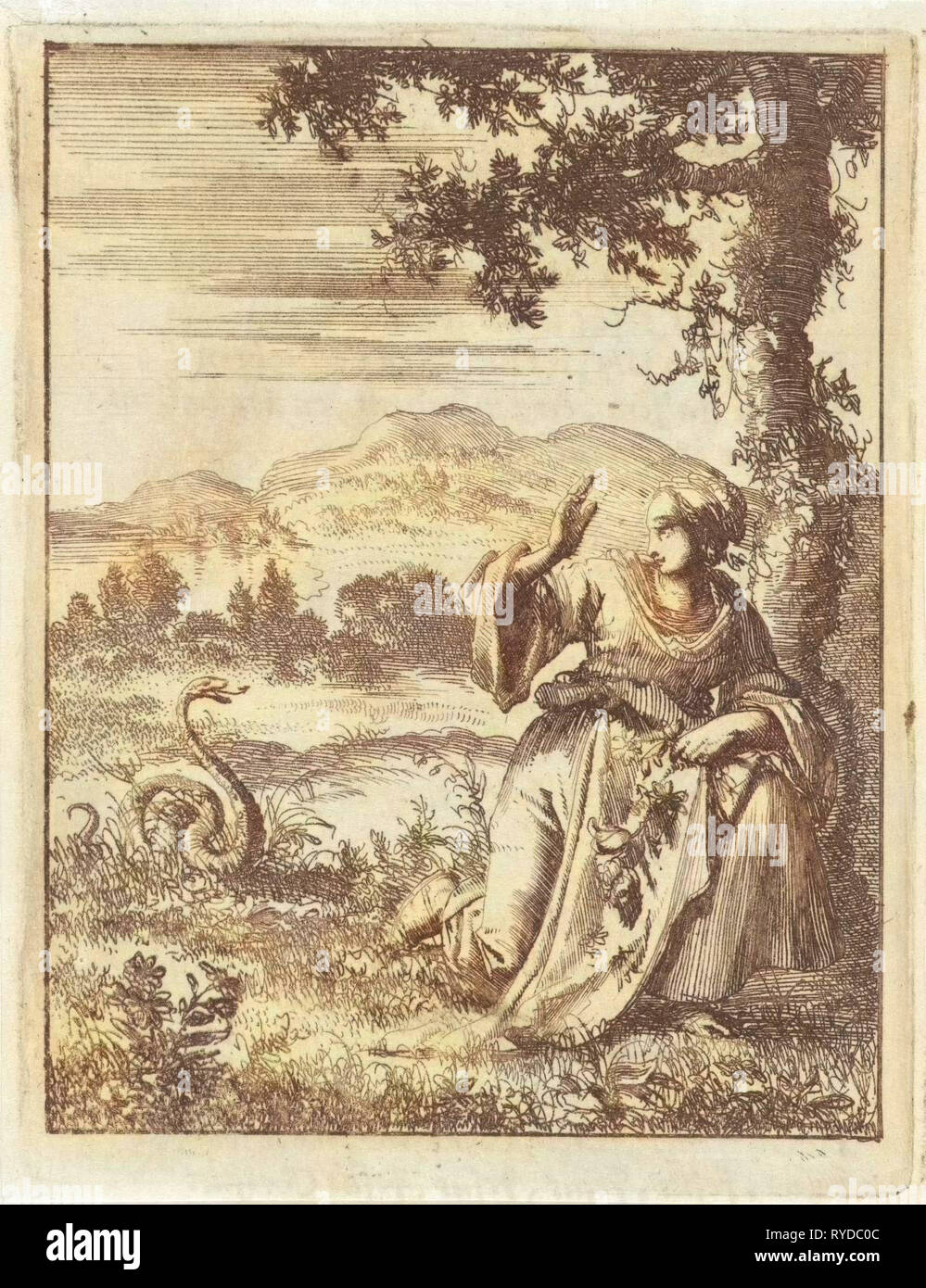 Una donna di raccogliere un fiore attaccato da un serpente, Jan Luyken, Pieter Arentsz II, 1687 Foto Stock