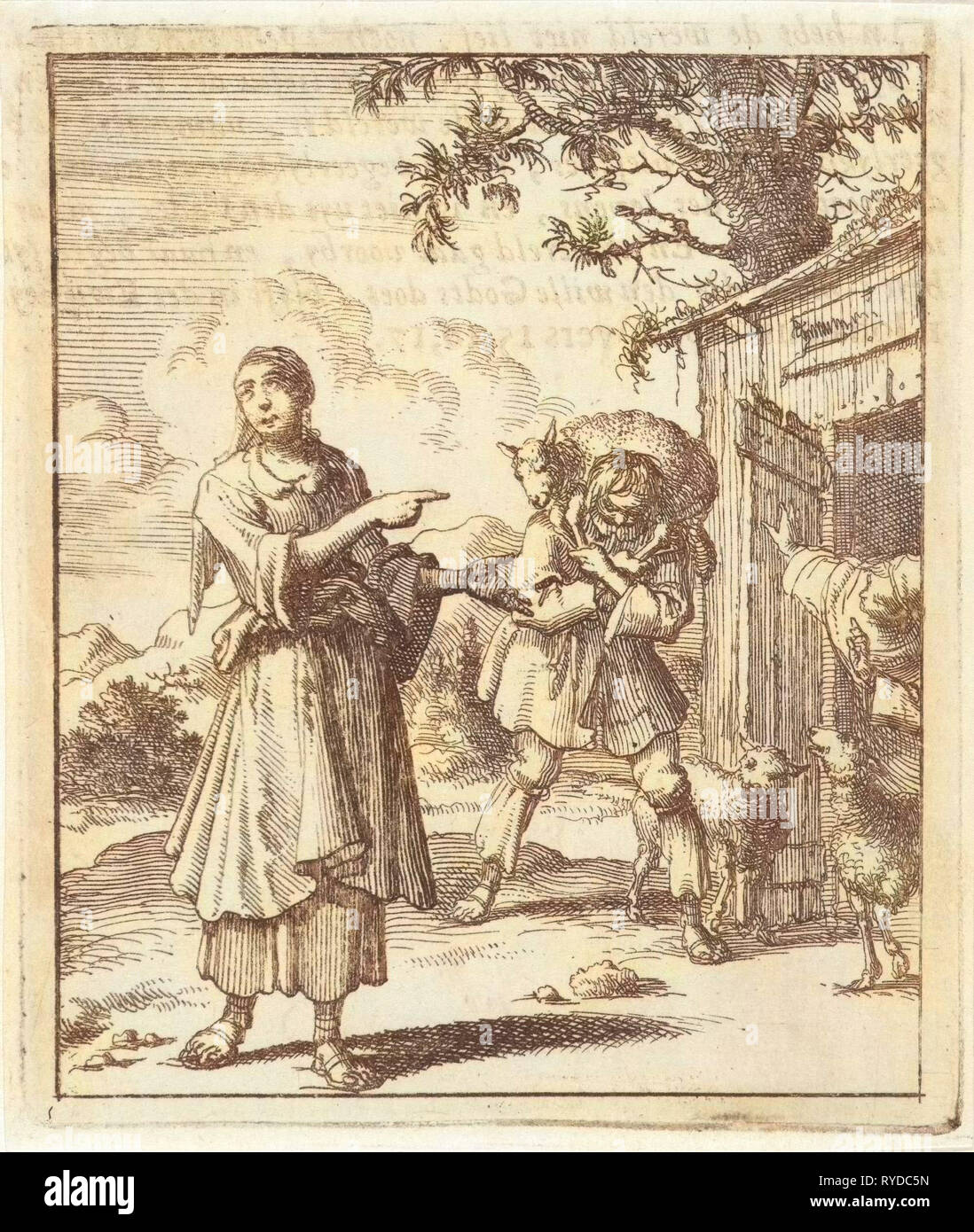 Donna che puntano a una pecora trovato riportato alla stabile sulle spalle di un uomo, Jan Luyken, Pieter Arentsz II, 1687 Foto Stock