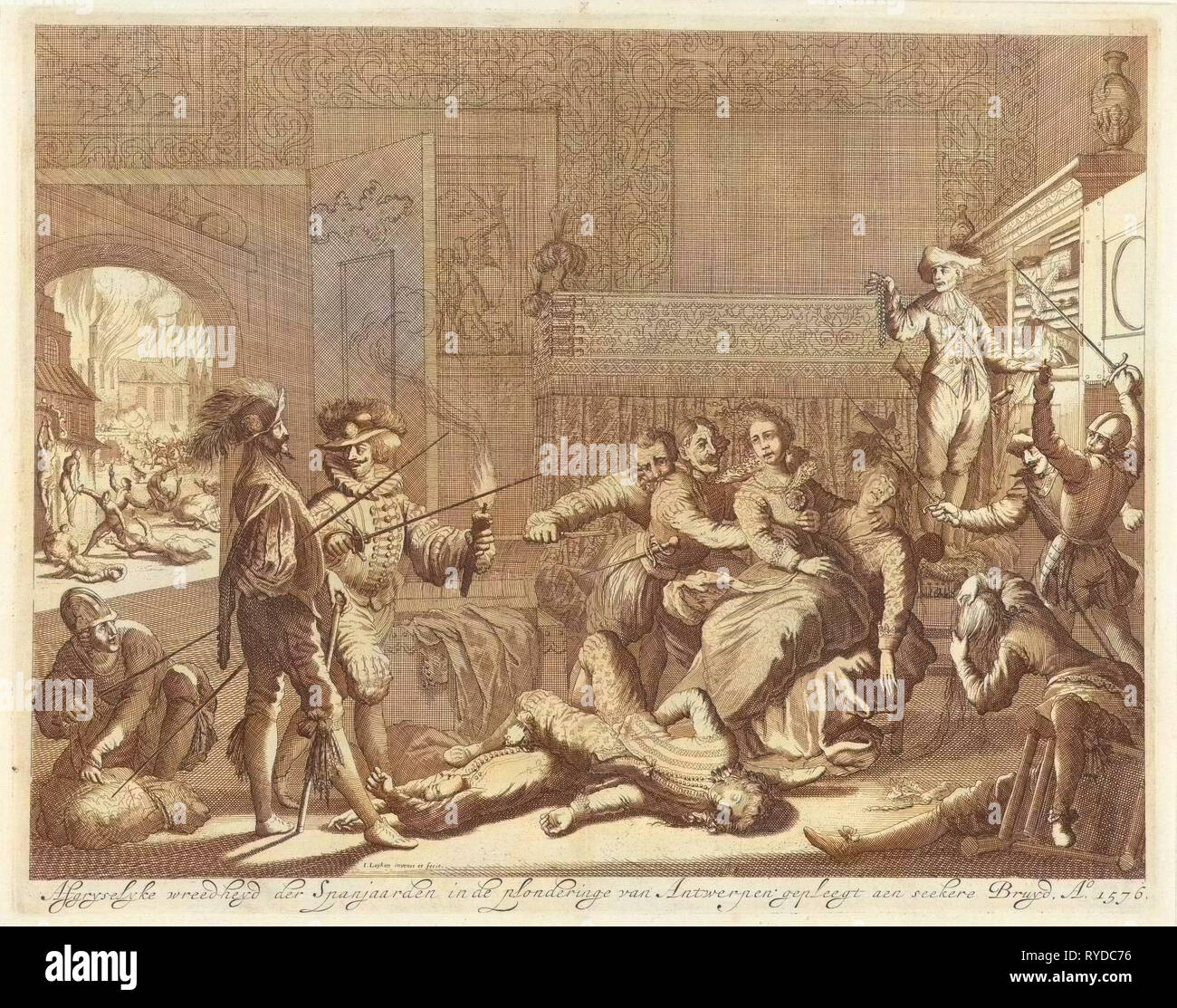 Abuso di una sposa dai soldati spagnoli durante la furia spagnola di Anversa, Belgio, 1576, Jan Luyken, 1679 - 1684 Foto Stock
