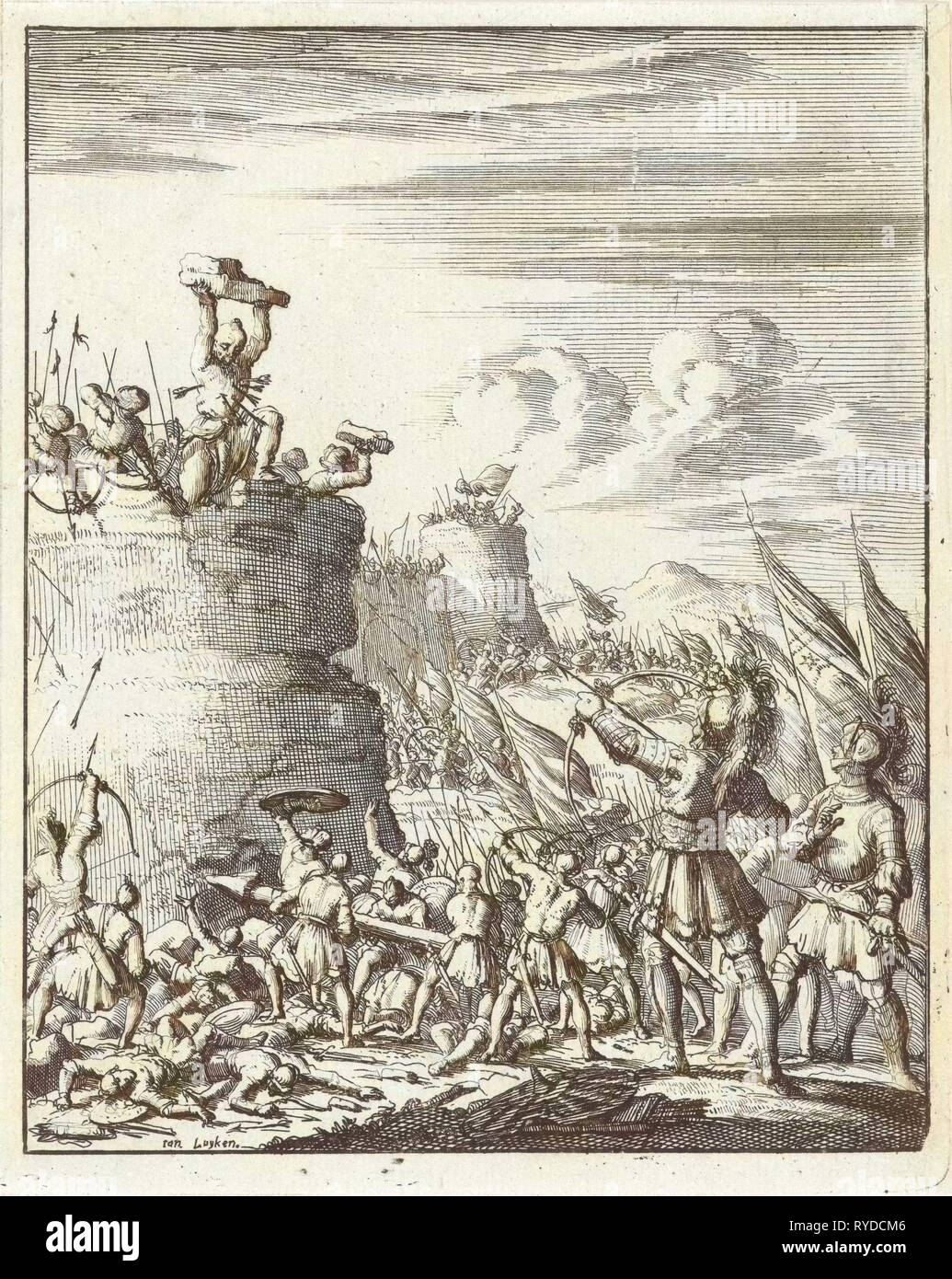 Attacco a una fortezza dove un turco è colpito da frecce, stampa maker: Jan Luyken, Timoteo dieci Hoorn, 1683 Foto Stock