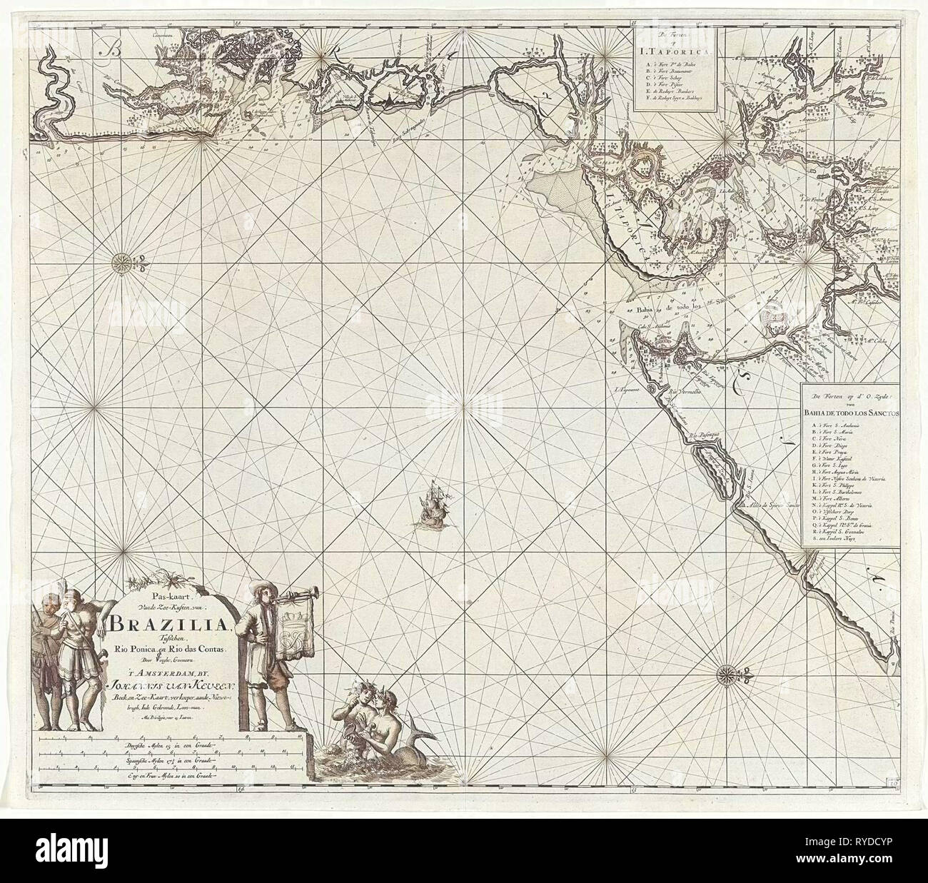 Diagramma del mare di parte della costa del Brasile nella Santissima Bay, Jan Luyken, Claes Jansz Voogt, Johannes Van Keulen (MI), 1683 - 1799 Foto Stock