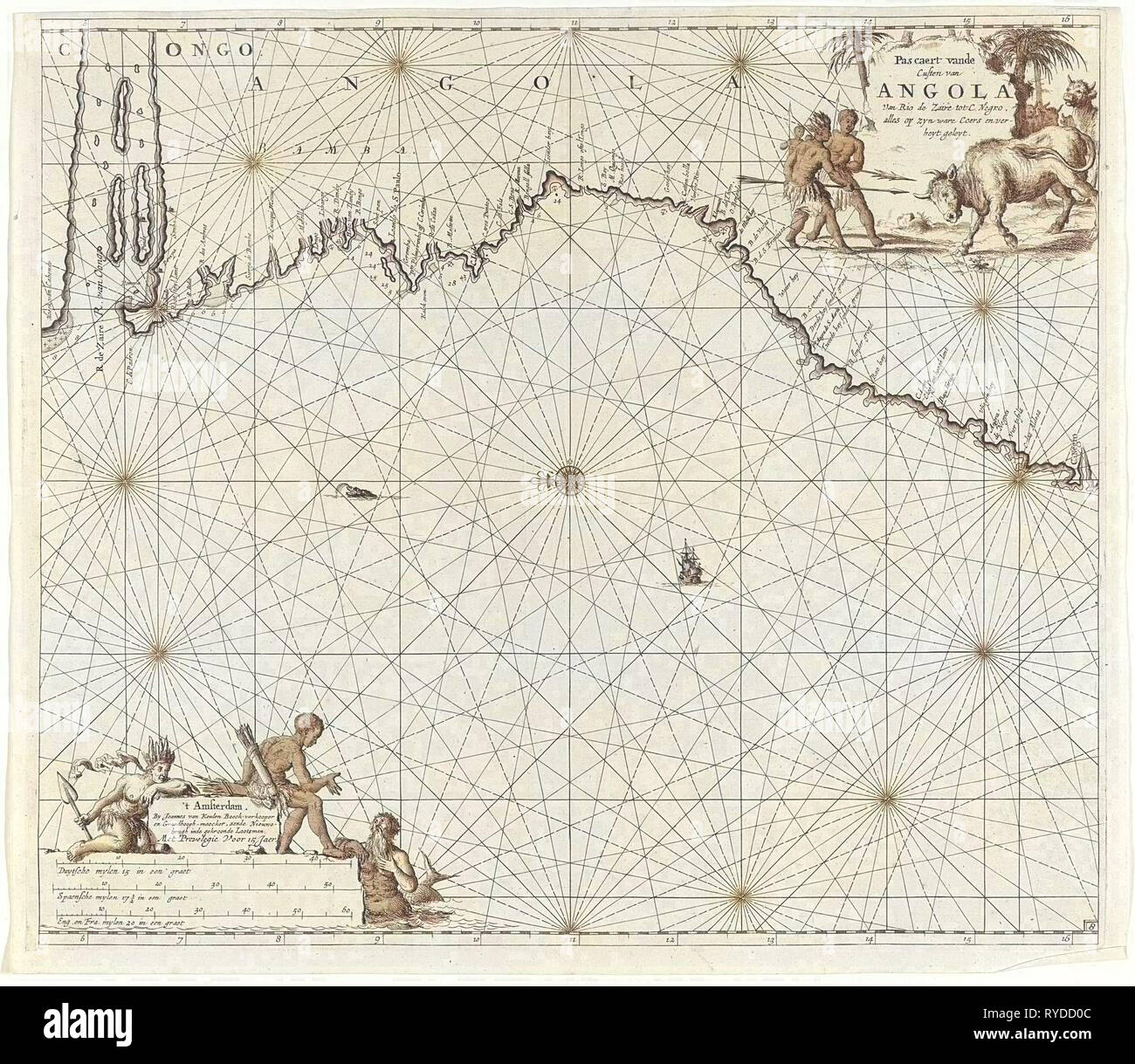 Diagramma del mare della costa della Repubblica Democratica del Congo e in Angola, Jan Luyken, Johannes Van Keulen (MI), sconosciuto, 1683 - 1799 Foto Stock
