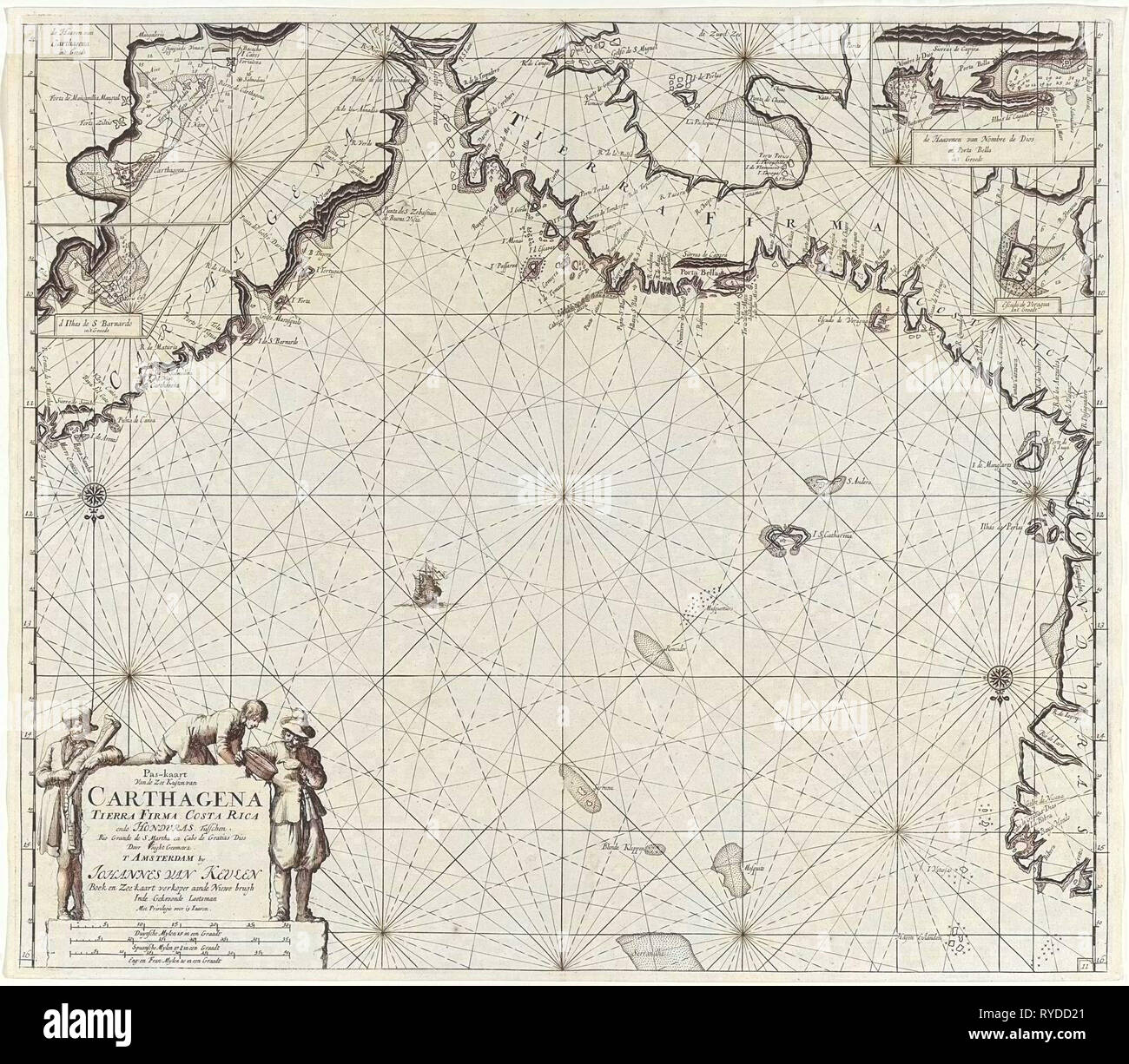 Diagramma di mare al largo delle coste della Colombia, Panama, Costa Rica e Honduras, con una finestra mappa di Cartagena, Jan Luyken, Claes Jansz Voogt, Johannes Van Keulen (MI), 1684 - 1799 Foto Stock