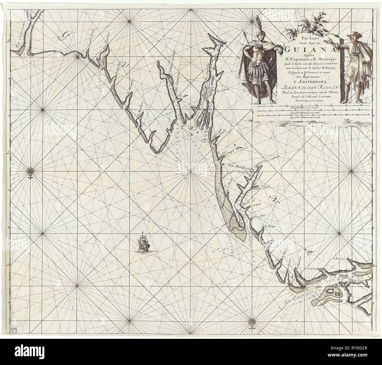 Diagramma del mare di parte della costa del Suriname e Guyana, stampa maker: Jan Luyken, Claes Jansz Voogt, Johannes Van Keulen I, 1684 - 1799 Foto Stock
