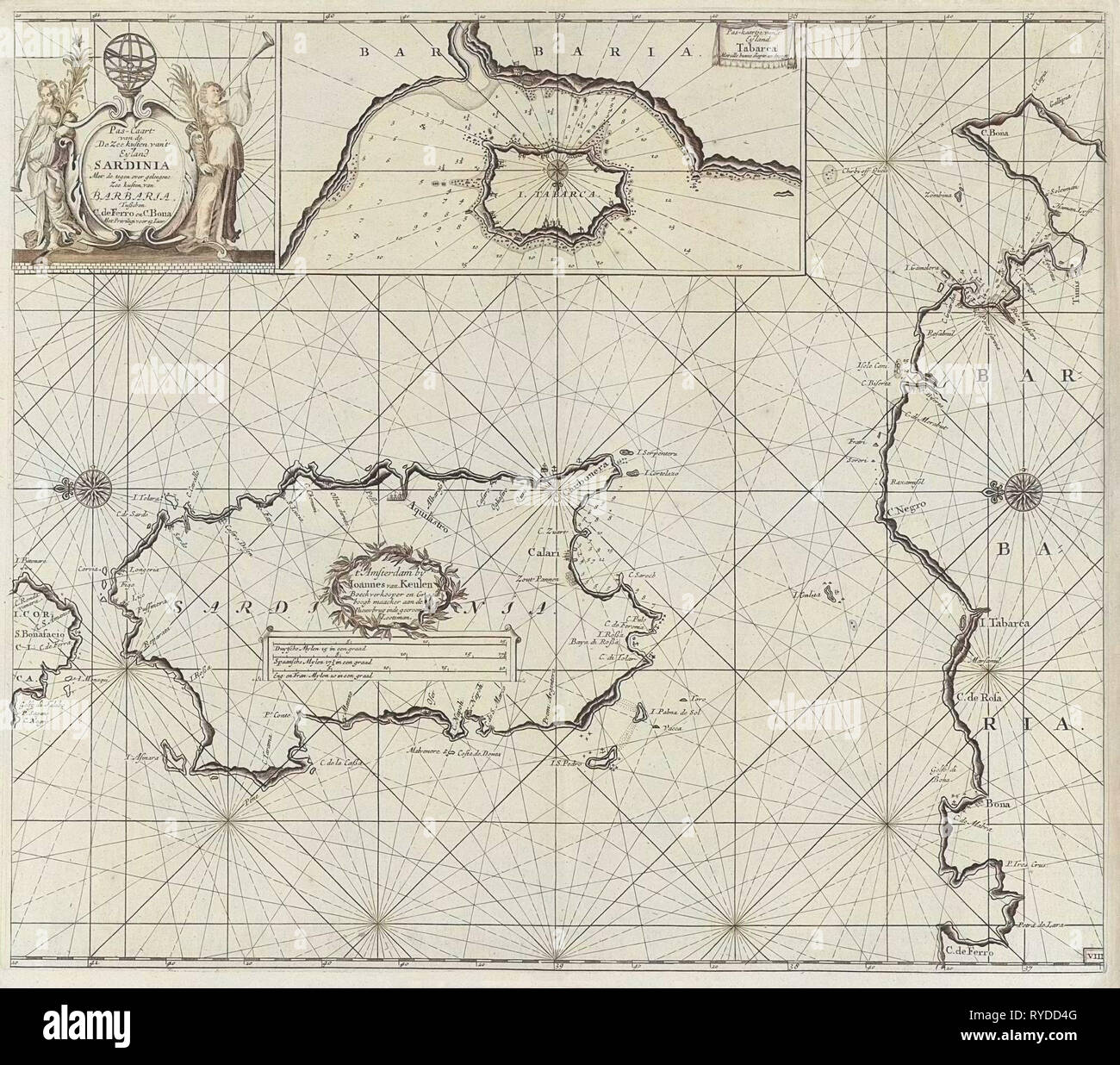 Diagramma del mare della Sardegna e parte della costa del Nord Africa, anonimo, Johannes Van Keulen (MI), sconosciuto, 1682 - 1803 Foto Stock