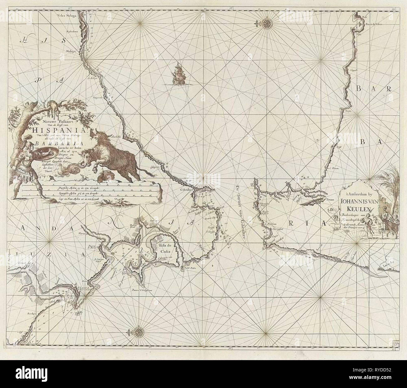 Diagramma del mare dello Stretto di Gibilterra, Jan Luyken, Johannes Van Keulen (MI), sconosciuto, 1682 - 1803 Foto Stock