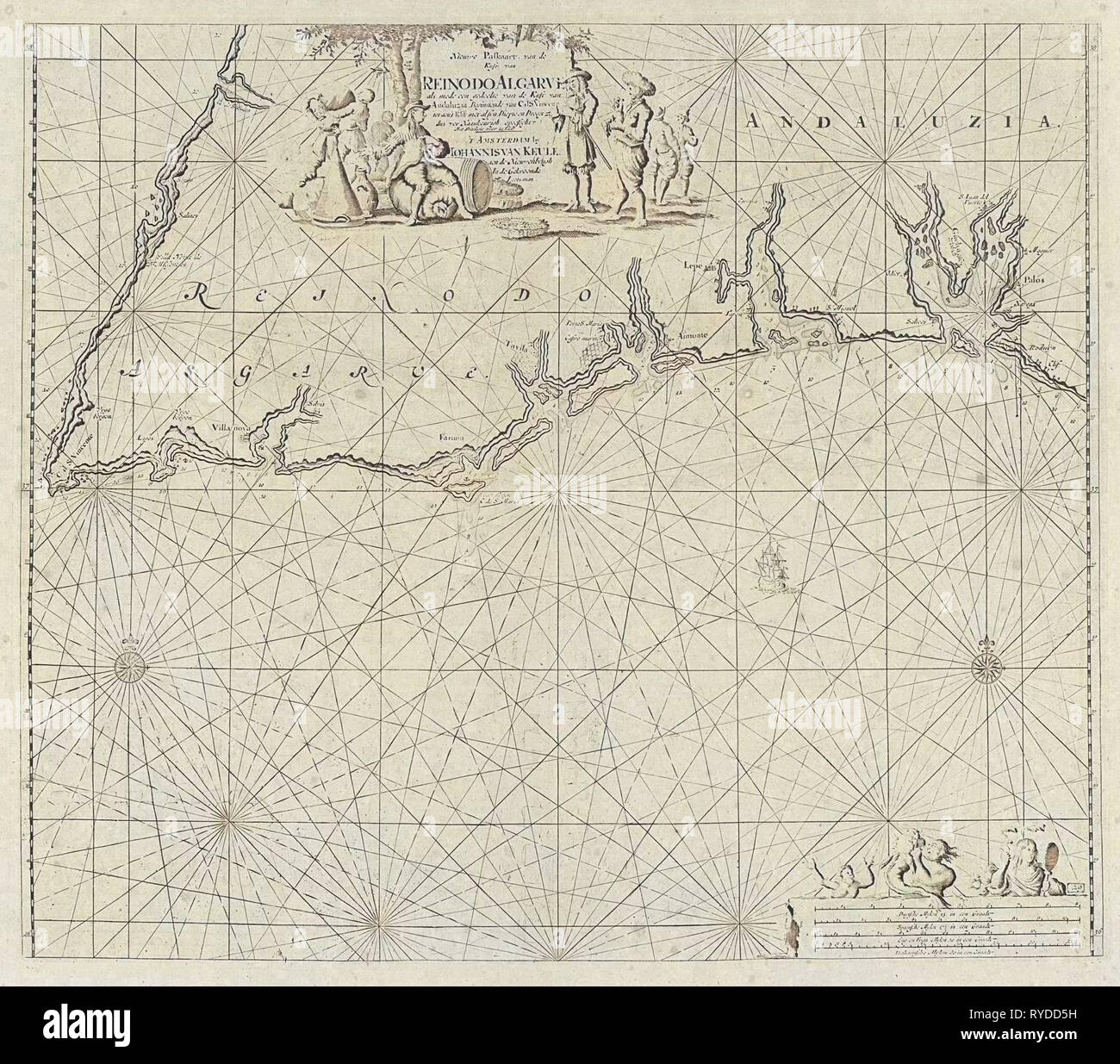 Mappa del mare di parte della costa sud della Spagna e del Portogallo con l'Algarve e Andalucia, Jan Luyken, anonimo, Johannes Van Keulen (MI), 1681 - 1803 Foto Stock