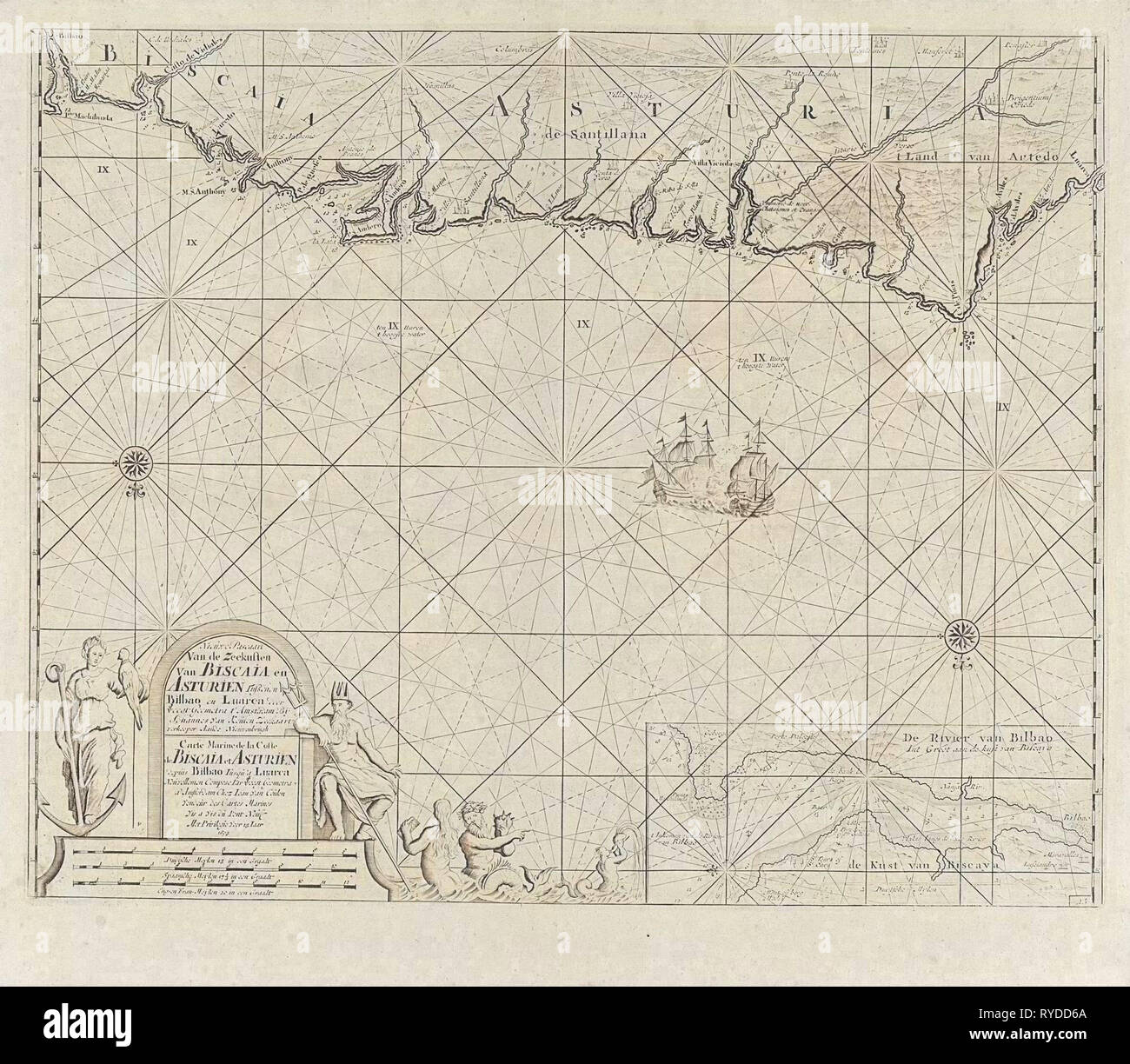 Diagramma del mare di una porzione del Golfo di Biscaglia a Bilbao, anonimo, Claes Jansz Voogt, Johannes Van Keulen (II), 1734 - 1803 Foto Stock