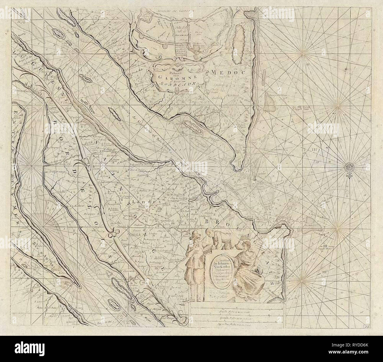 Diagramma del mare del fiume Gironda a Bordeaux, anonimo, Johannes Van Keulen (MI), Johannes Van Keulen (MI), 1681 - 1803 Foto Stock