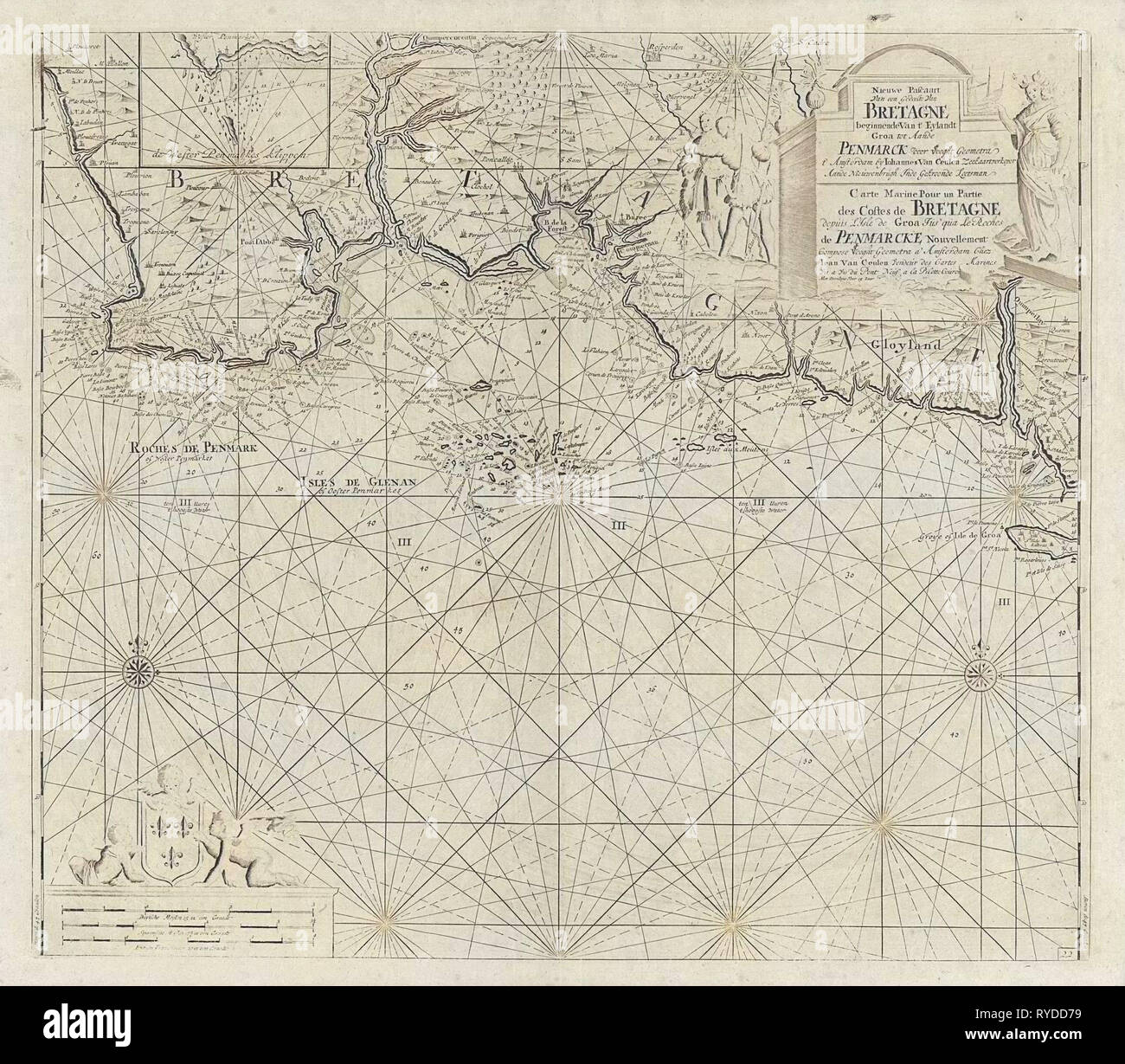 Diagramma del mare di parte della costa meridionale della Bretagna, anonimo, Johannes Van Keulen (MI), sconosciuto, 1681 - 1803 Foto Stock