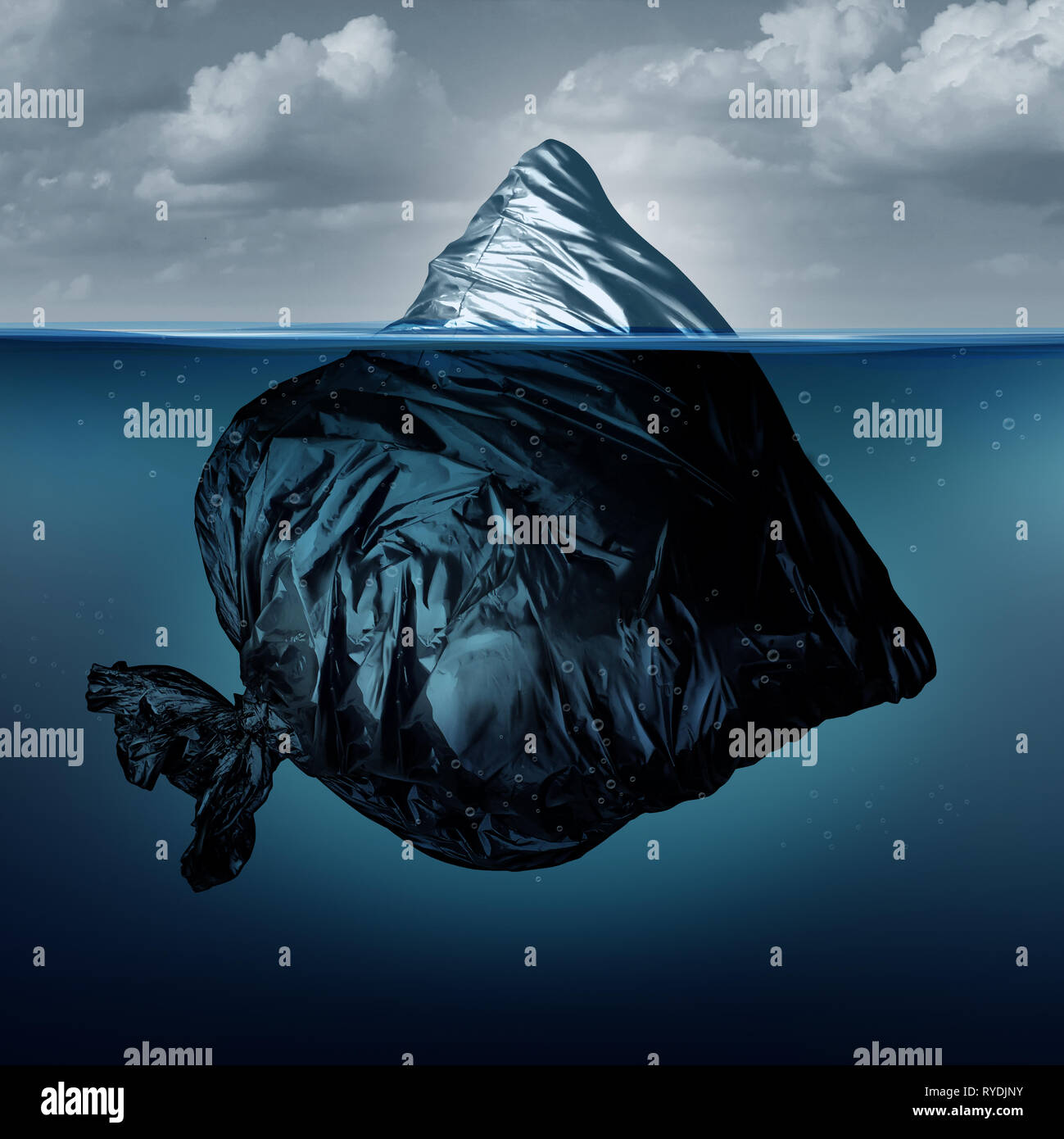 Cestino iceberg come un sacchetto di immondizia iceberg nell'oceano o mare inquinato come un simbolo ambientale per l'inquinamento globale in un 3D illustrazione dello stile. Foto Stock