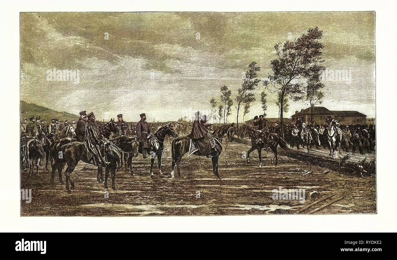 Guerra franco-prussiana: Rinuncia di Metz al principe Federico Carlo di Prussia il 29 ottobre 1870. Da sinistra a destra: il colonnello Von Wichmann, Generale Von Fransecky, Generale Von Stiehle, il Principe Federico Carlo di Prussia, Generale Desvaux, Francia Foto Stock