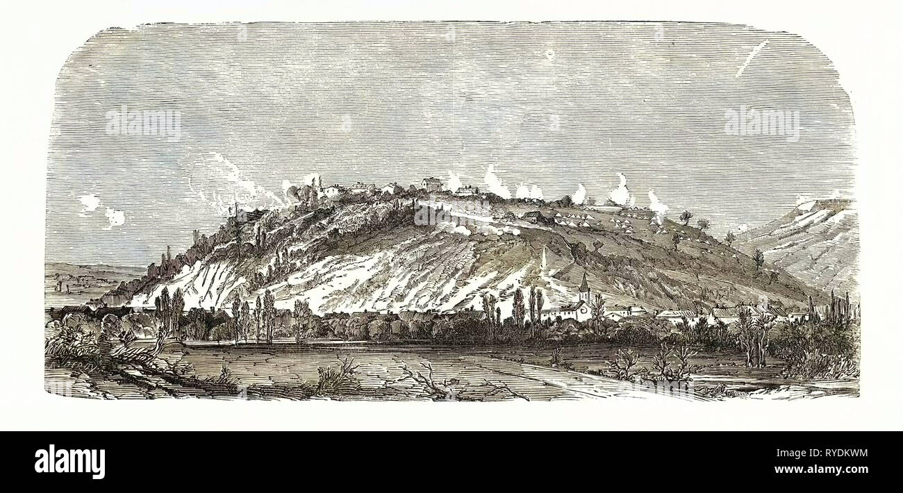 Guerra franco-prussiana: il lato nord del Mont d'Avron durante il bombardamento da parte dei tedeschi il 27 dicembre 1870. Da sinistra a destra: Noisy Le Grand, Avron, Villemomble, Fort De Rosny, Francia Foto Stock