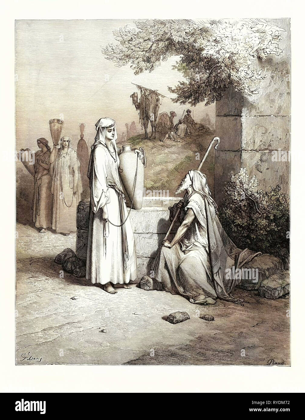 Eliezer e Rebecca, da Gustave Doré, 1832 - 1883, francese. Incisione per la Bibbia. 1870, arte, artista, Libro Sacro, Religione, religiosi, il cristianesimo, cristiano, romanticismo, Colore, incisione a colori Foto Stock