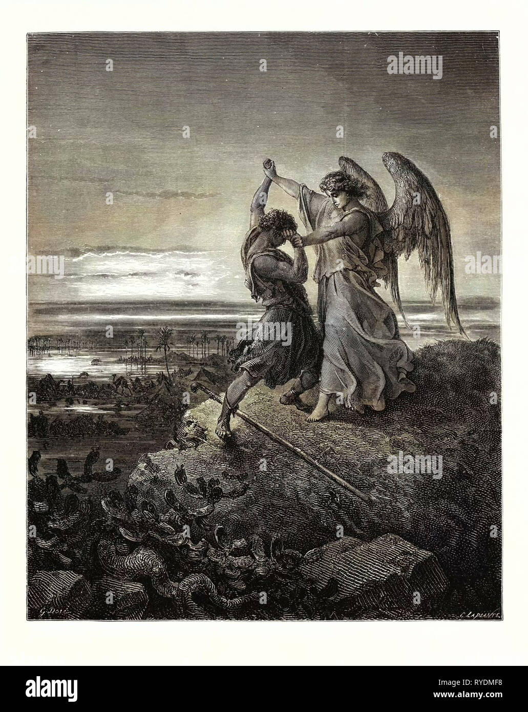 Giacobbe lotta con l'angelo, da Gustave Doré, 1832 - 1883, francese. Incisione per la Bibbia. 1870, arte, artista, Libro Sacro, Religione, religiosi, il cristianesimo, cristiano, romanticismo, Colore, incisione a colori Foto Stock