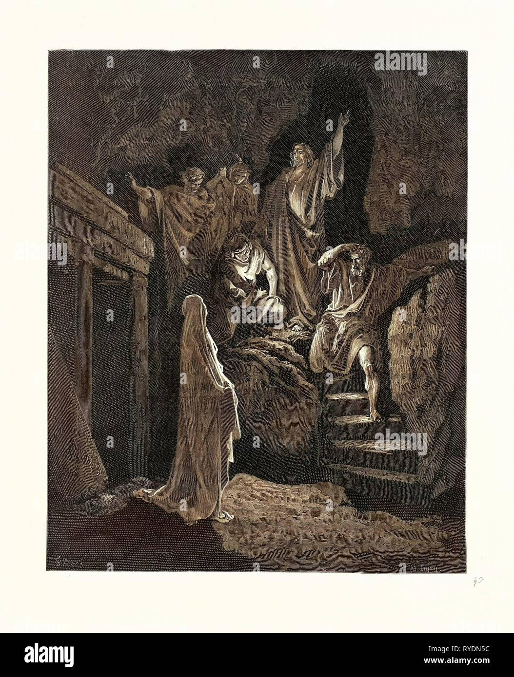 La risurrezione di Lazzaro, da Gustave Dore, 1832 - 1883, francese. Incisione per la Bibbia. 1870, arte, artista, Libro Sacro, Religione, religiosi, il cristianesimo, cristiano, romanticismo, Colore, incisione a colori Foto Stock