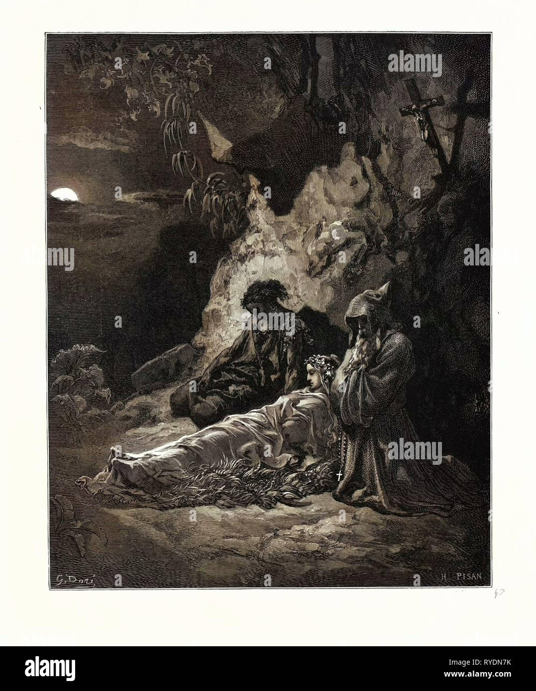 Lutto al chiaro di luna, da Gustave Dore, 1832 - 1883, francese. Incisione per la Bibbia. 1870, arte, artista, Libro Sacro, Religione, religiosi, il cristianesimo, cristiano, romanticismo, Colore, incisione a colori Foto Stock