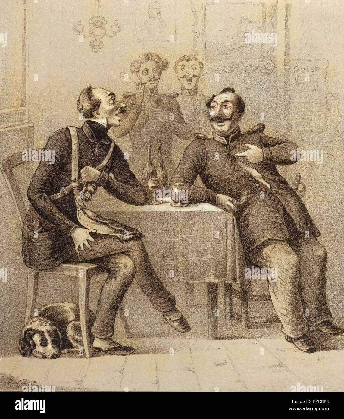 Militare tedesco bere un bicchiere di vino. Le bottiglie di vino, bicchieri, bicchiere, bottiglia, uniformi, cane, interno, fumatori, tubo, parlare, parlare, ufficiali, alimenti e bevande, Liszt Archivio Gourmet, Munchhausiana, ufficiale, maschio, Germania, caucasica, Europa, soldato Foto Stock